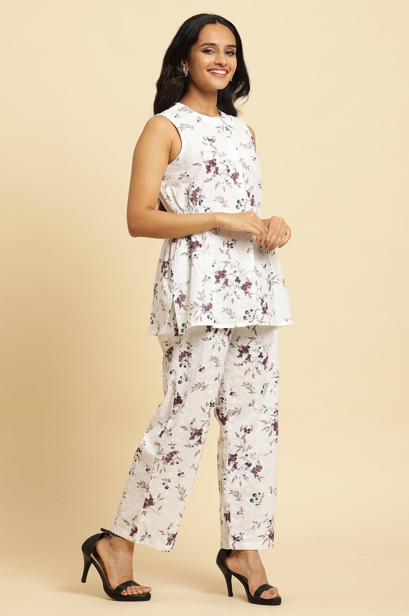 White Sleeveless Floral Printed Kurta And Pant Co-Ord Set - Image 5