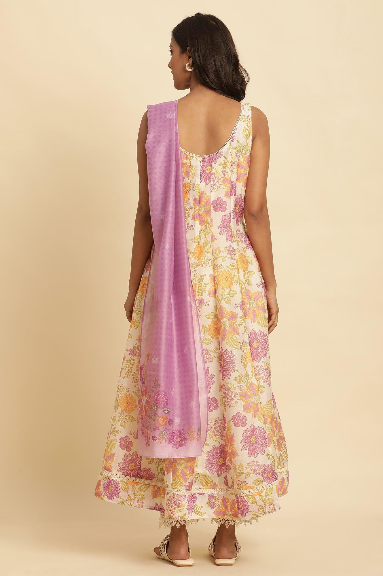 White Sleeveless Printed Flared Kurta, Pants And Dupatta Set - Image 4