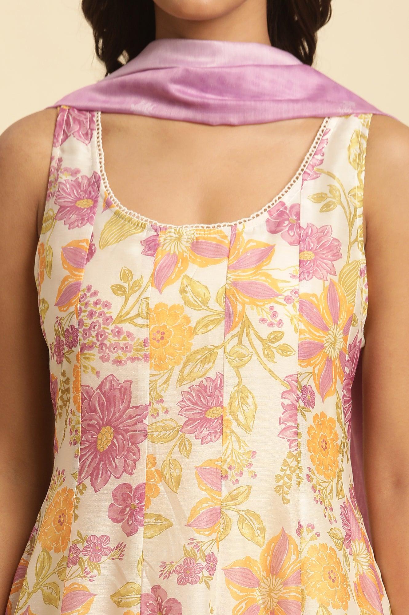 White Sleeveless Printed Flared Kurta, Pants And Dupatta Set - Image 6