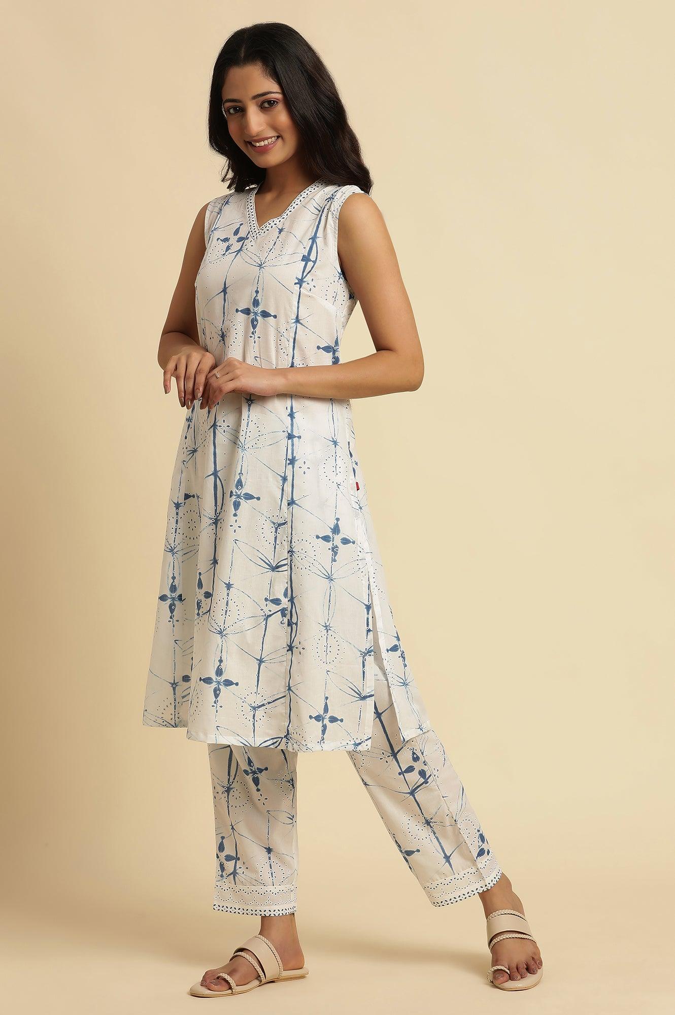 White Sleeveless Tie-Dye Kurta And Pants Set - Image 3