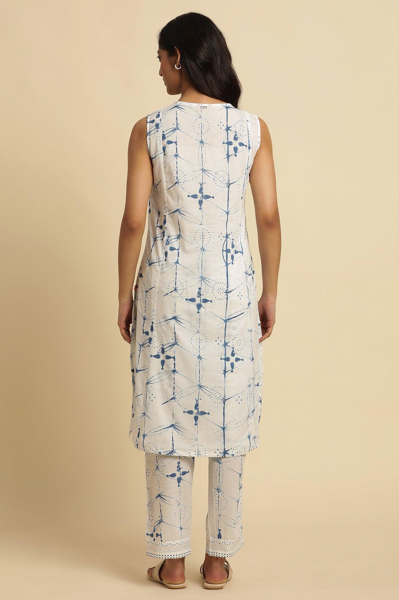 White Sleeveless Tie-Dye Kurta And Pants Set - Image 4