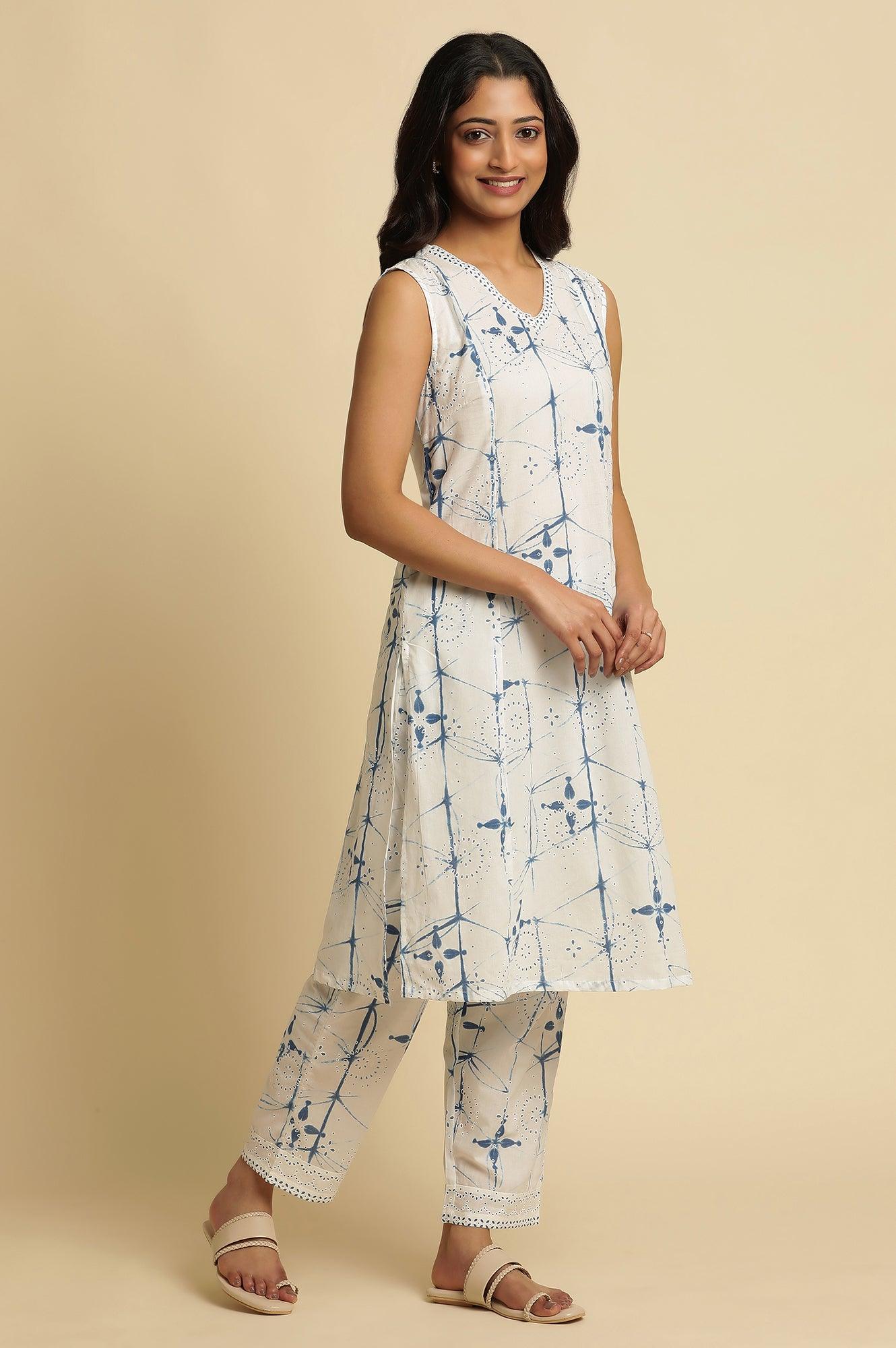 White Sleeveless Tie-Dye Kurta And Pants Set - Image 5