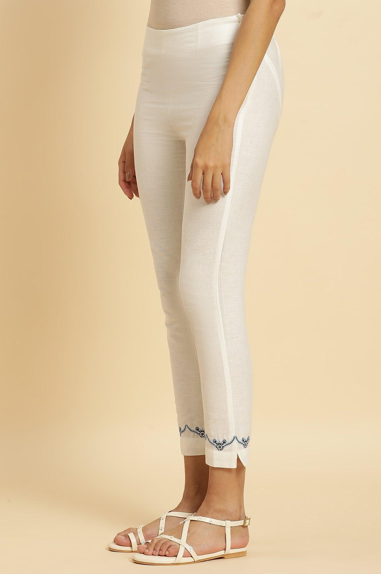 White Slim Pants with Embroidered Hemline - Image 3