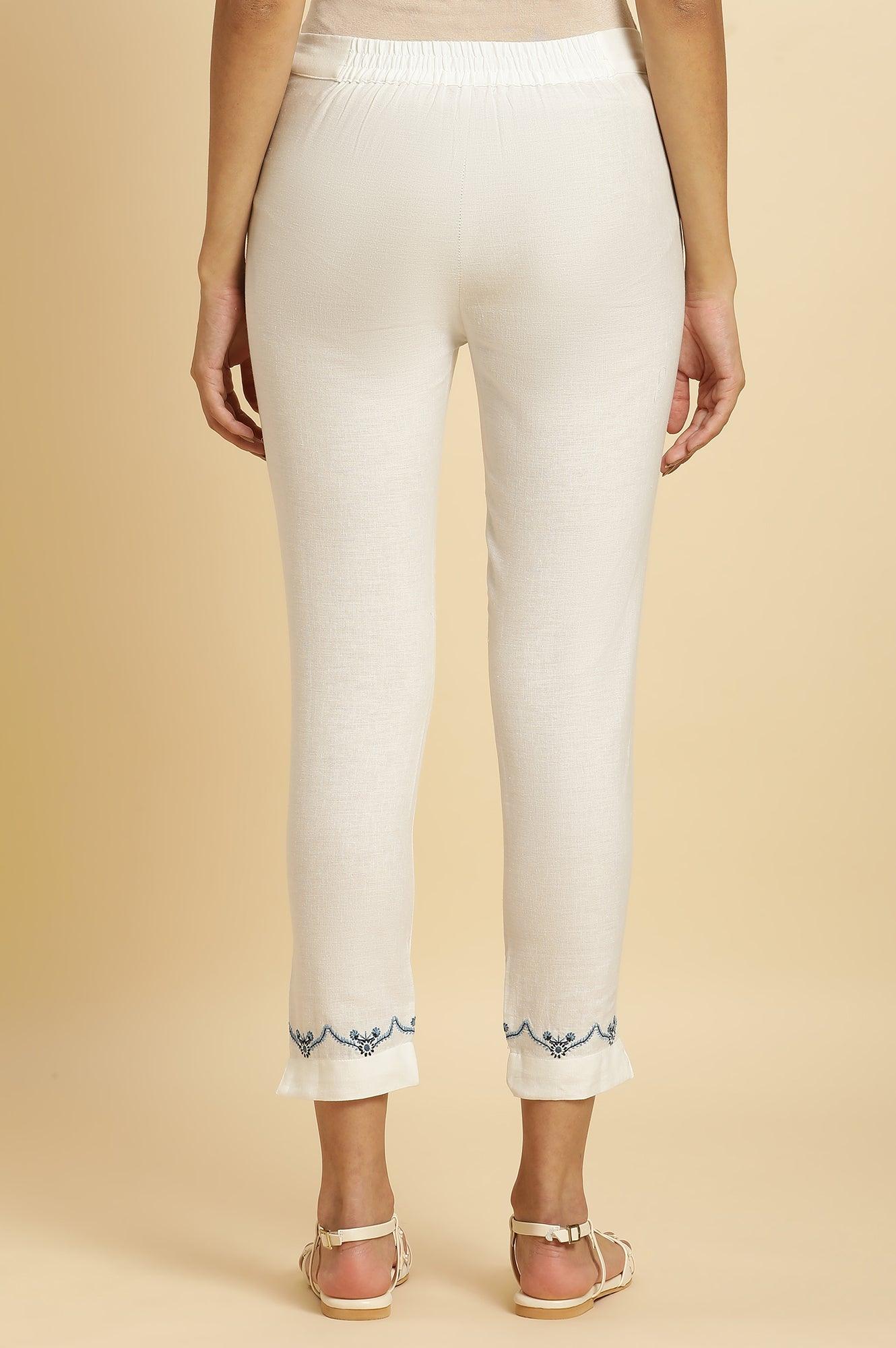 White Slim Pants with Embroidered Hemline - Image 4