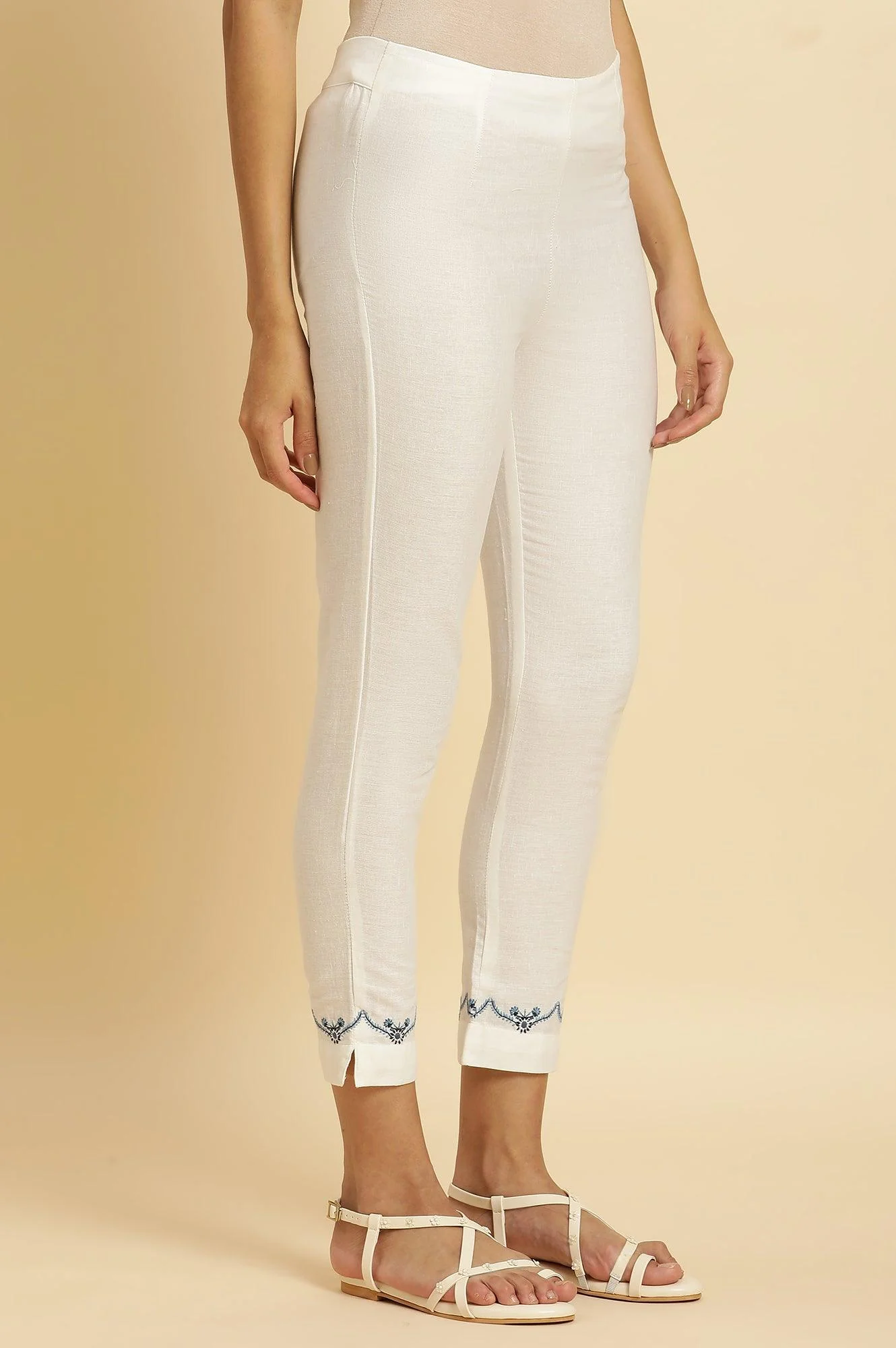 White Slim Pants with Embroidered Hemline - Image 5