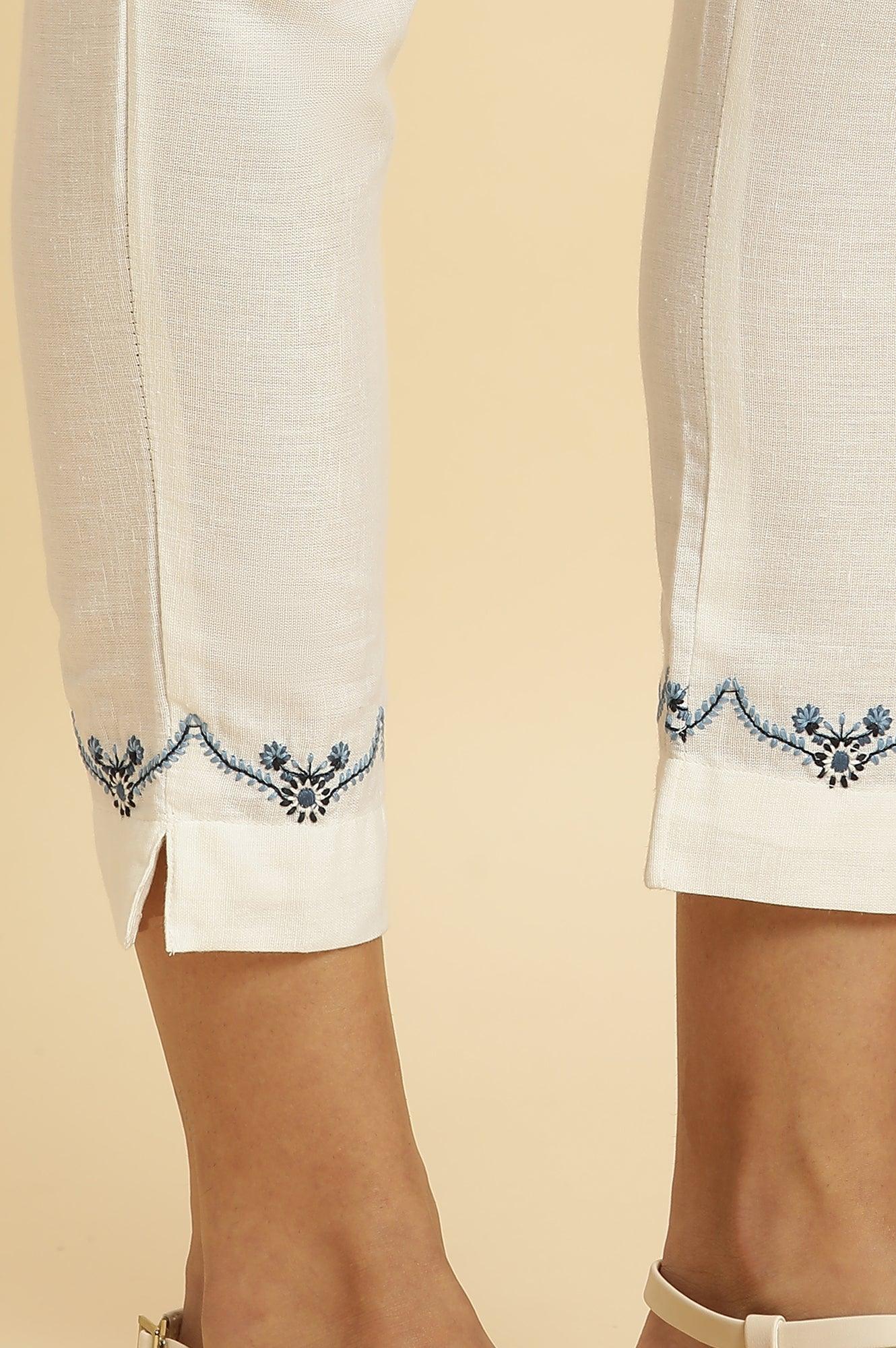 White Slim Pants with Embroidered Hemline - Image 9