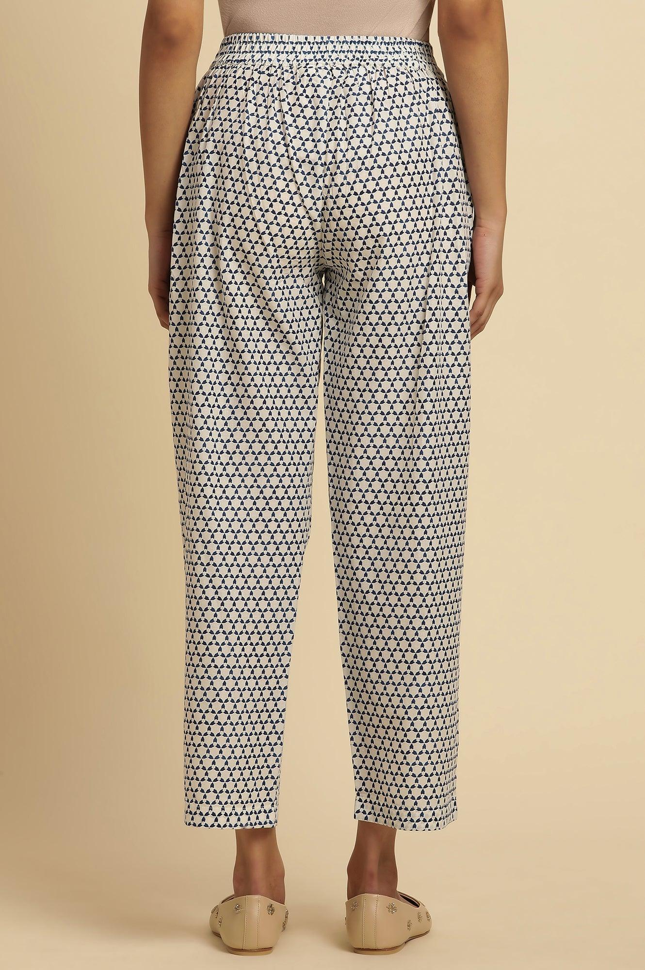 White Straight Pants With Blue Triangle Print - Image 3