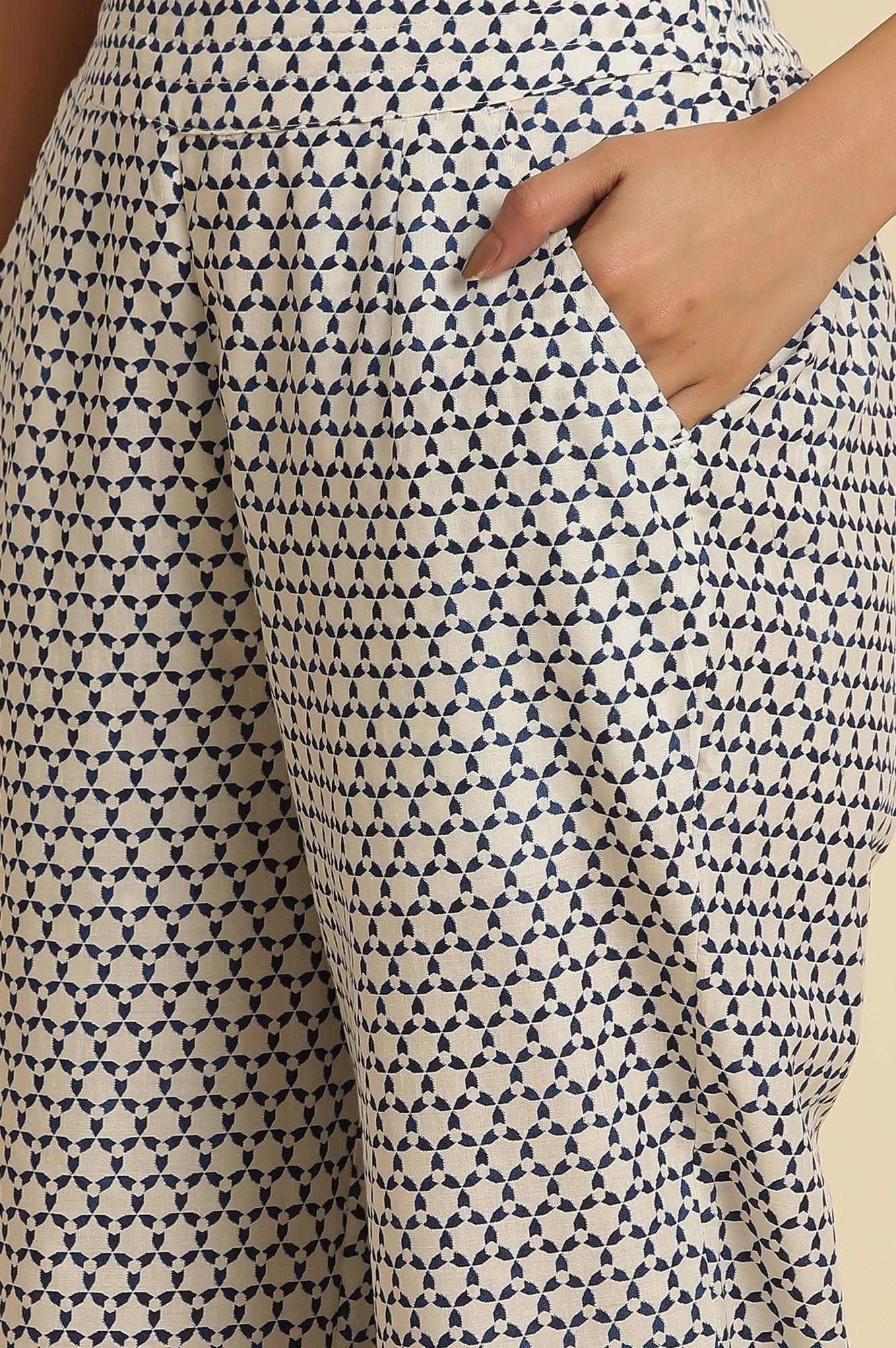 White Straight Pants With Blue Triangle Print - Image 7