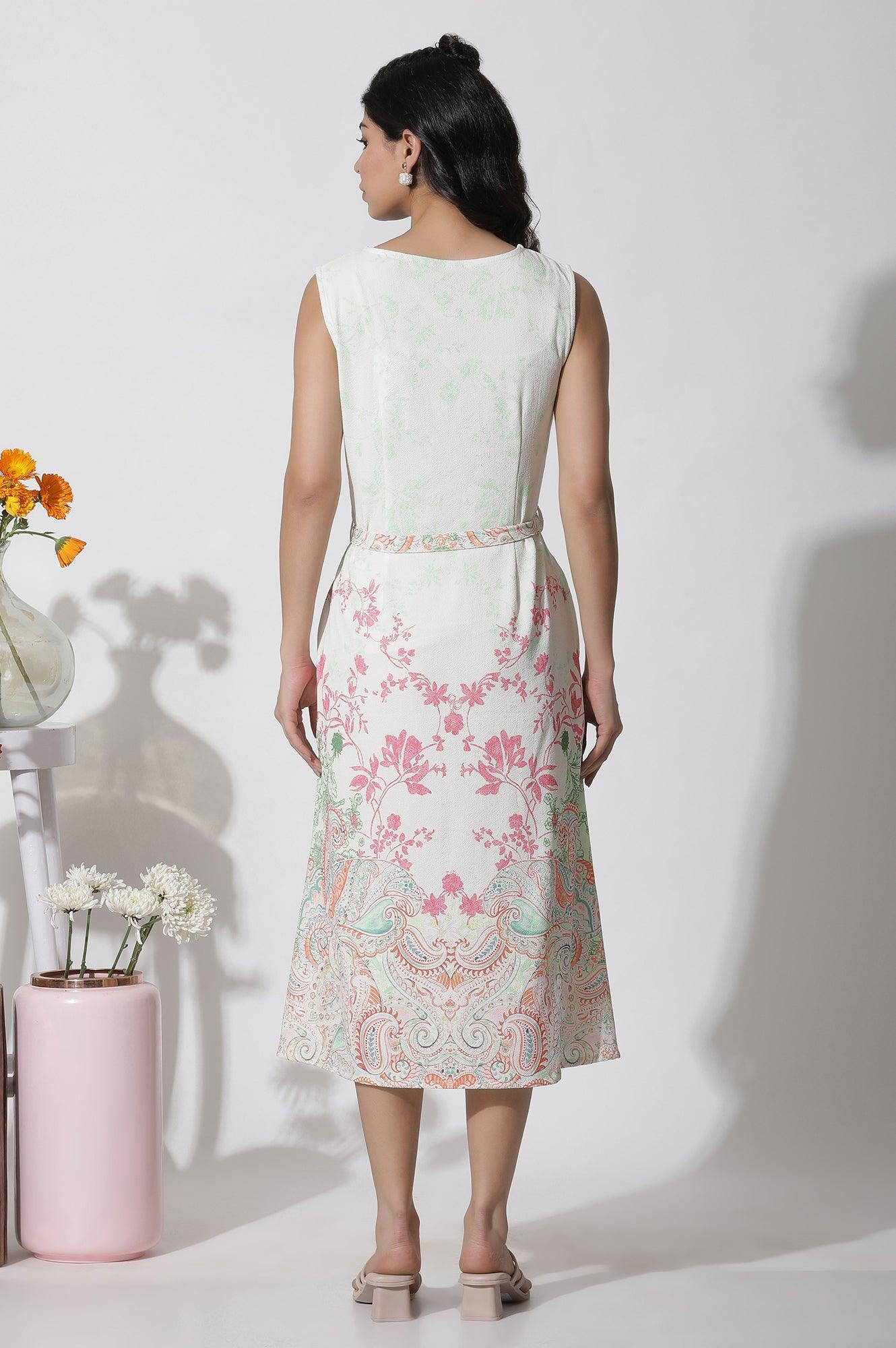 White Textured Crepe Dress In Multi-Coloured Print - Image 4
