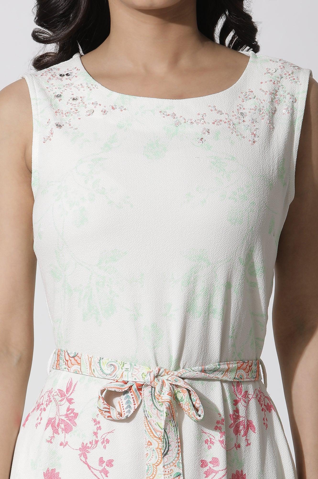 White Textured Crepe Dress In Multi-Coloured Print - Image 6