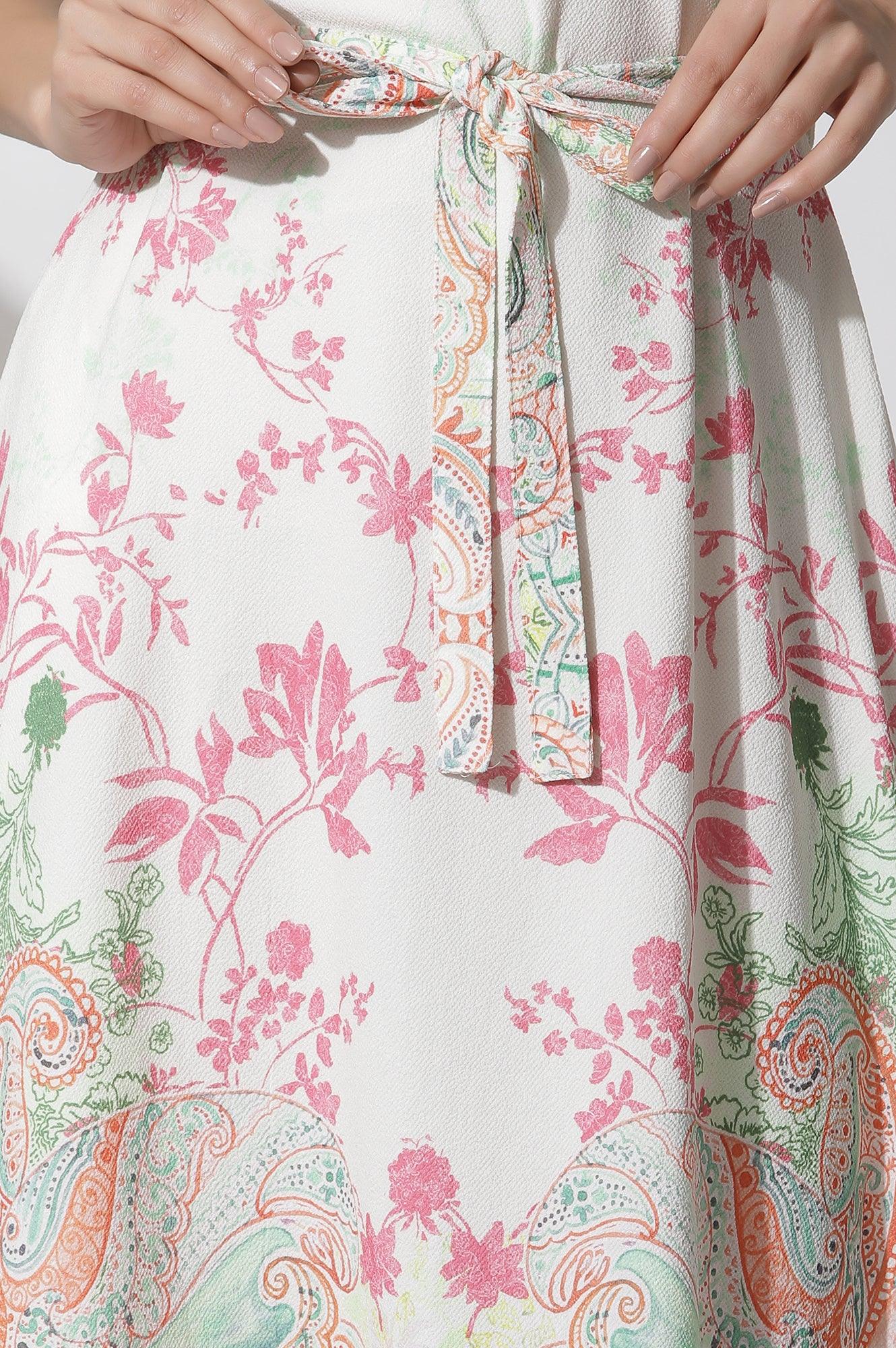 White Textured Crepe Dress In Multi-Coloured Print - Image 7
