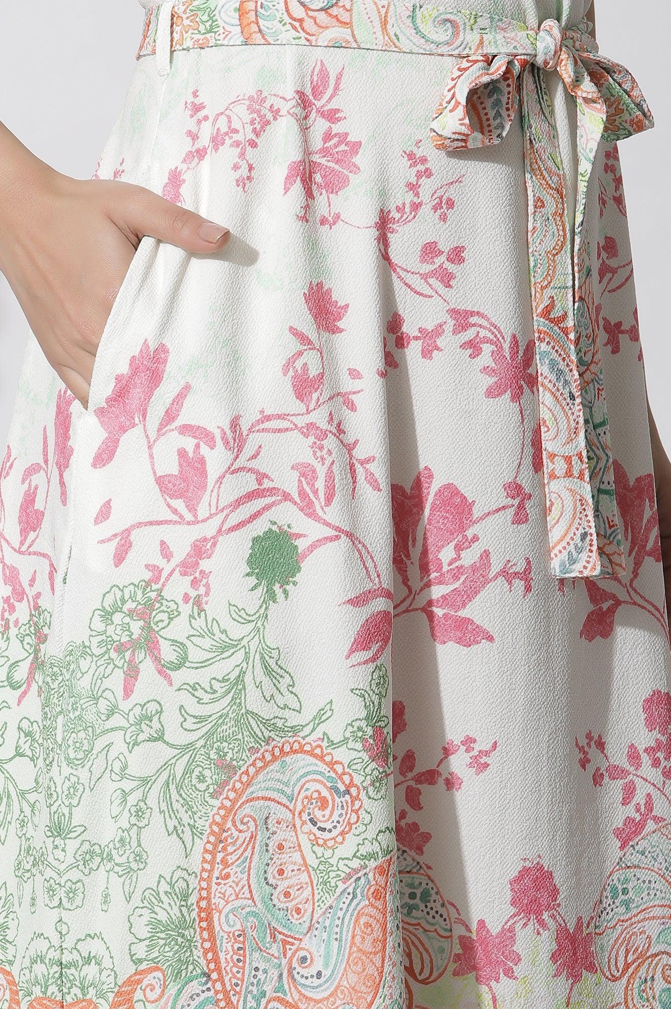 White Textured Crepe Dress In Multi-Coloured Print - Image 8