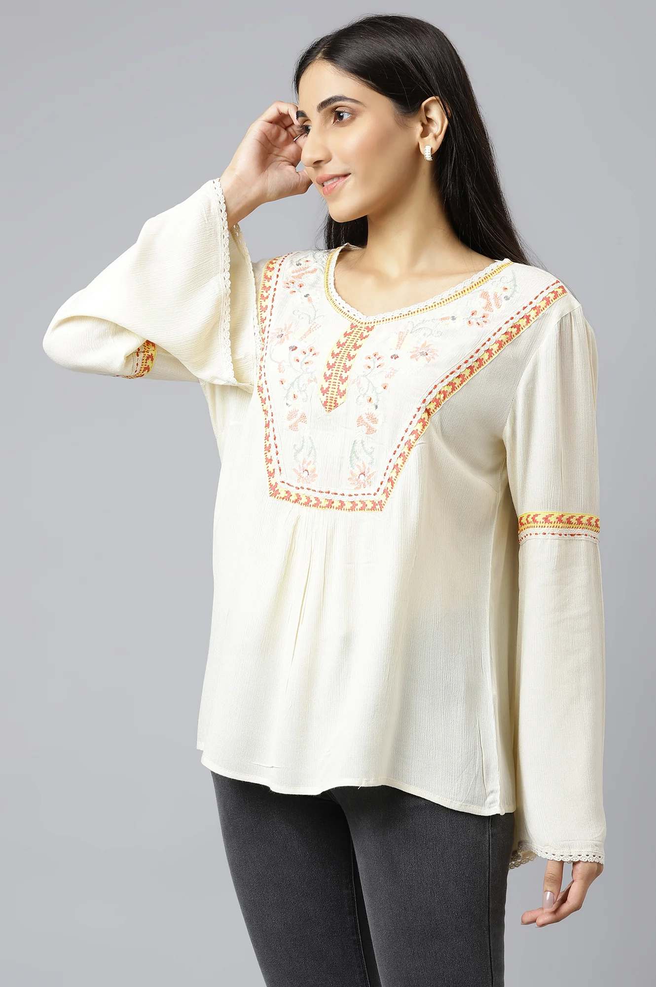 White Thread Embroidered Western Top - Image 3