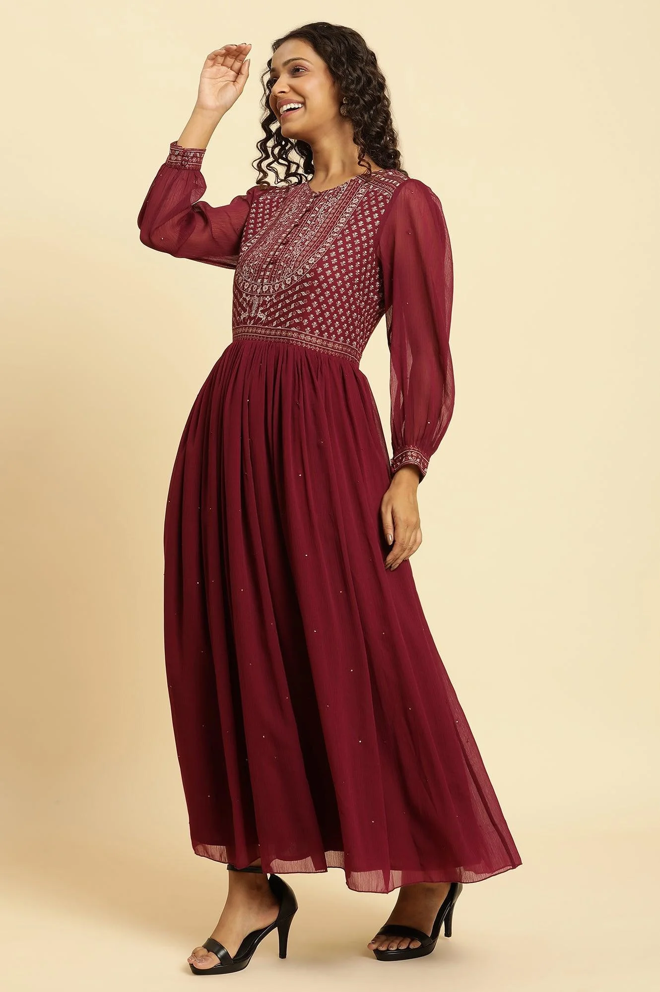 Wine Heavily Embroidered Festive Dress - Image 3