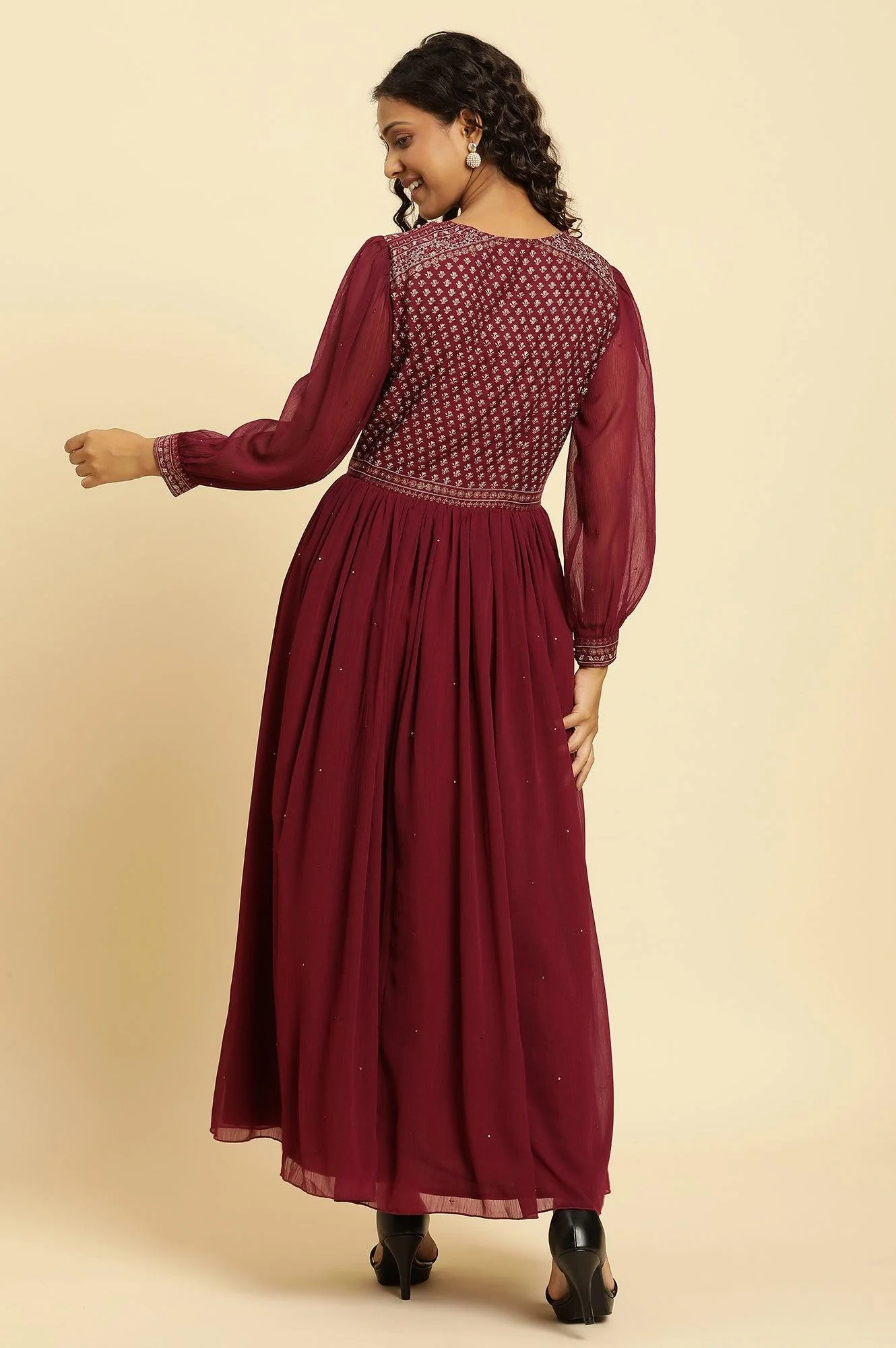 Wine Heavily Embroidered Festive Dress - Image 4