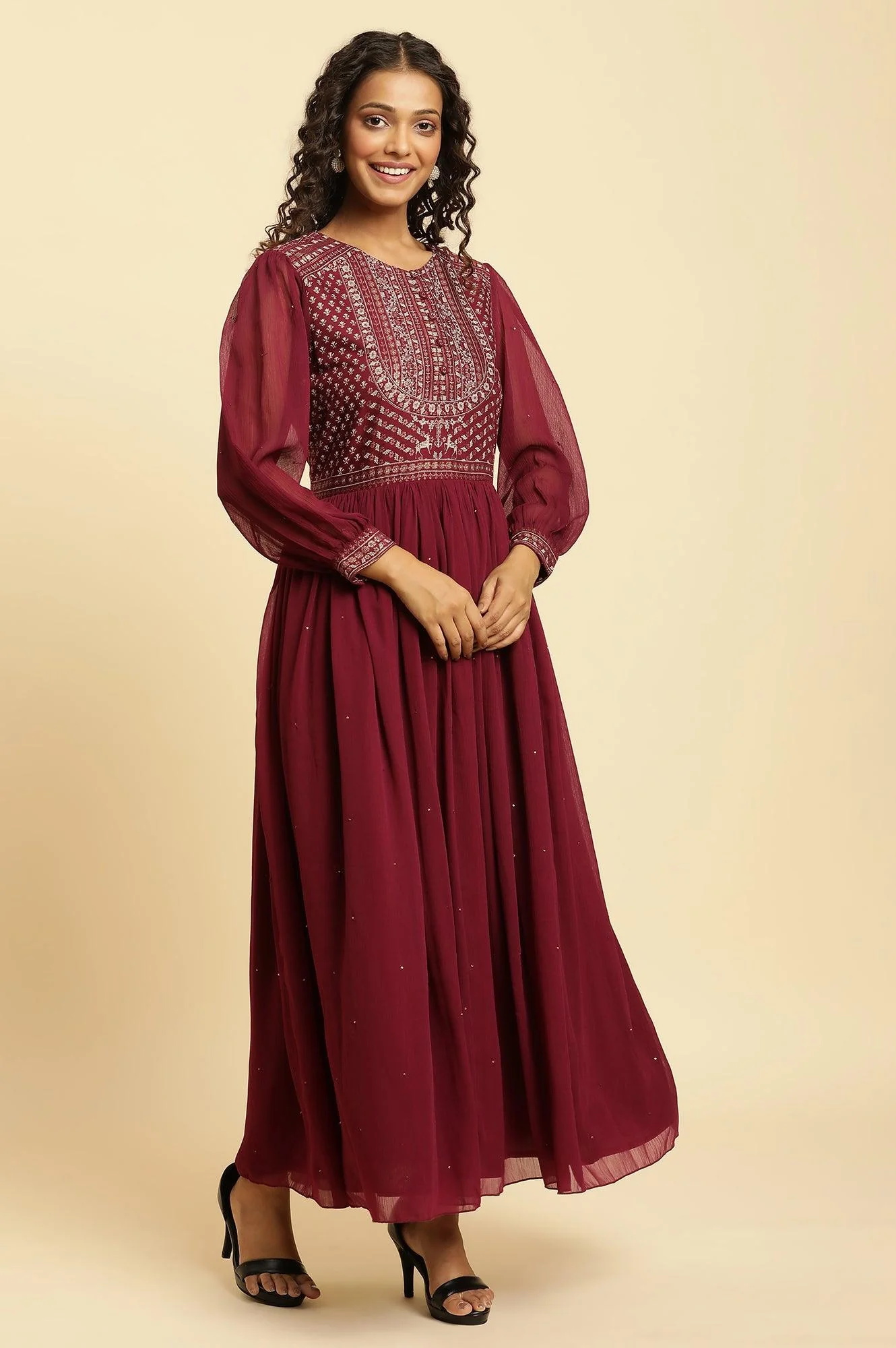 Wine Heavily Embroidered Festive Dress - Image 5