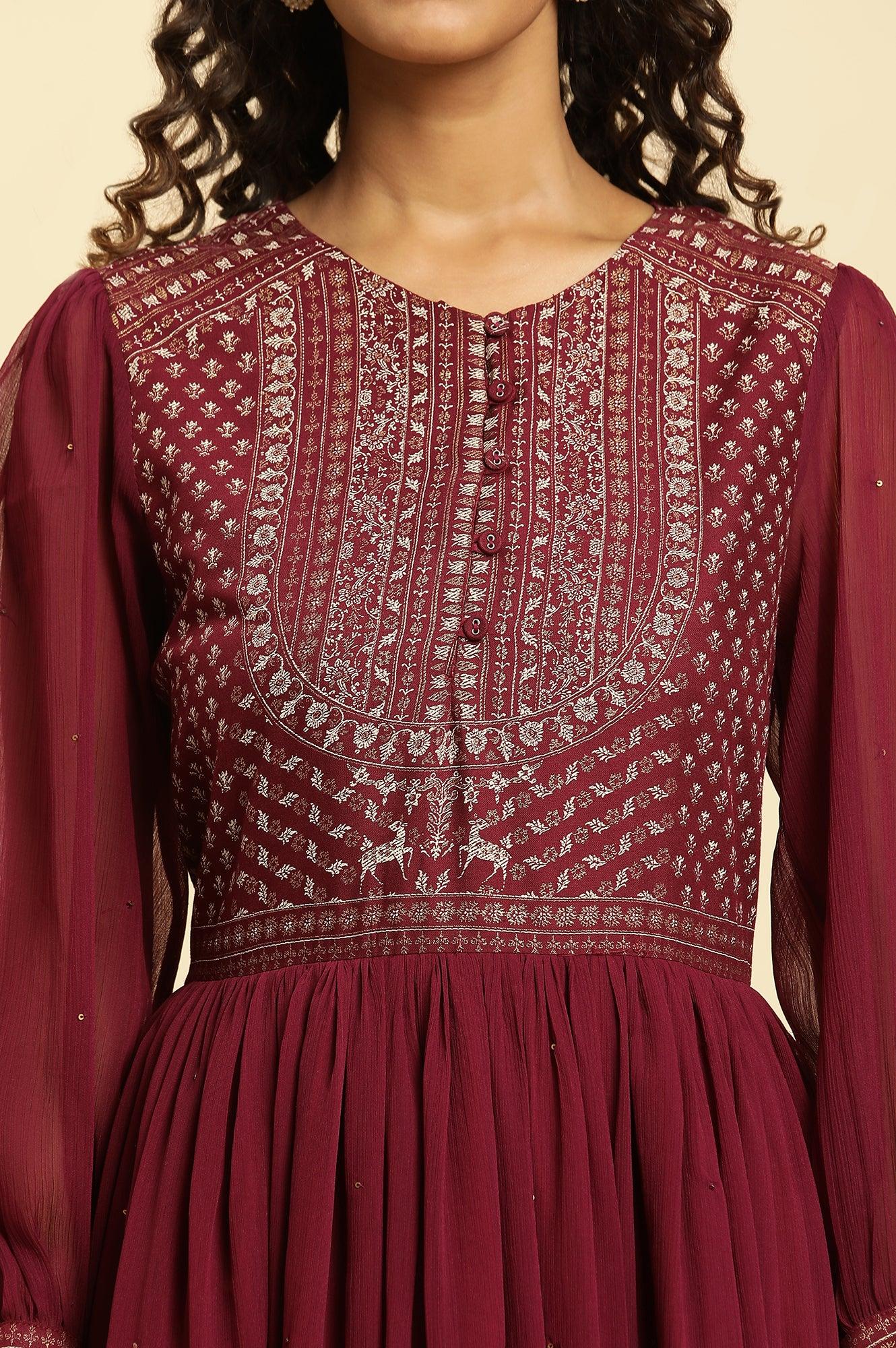 Wine Heavily Embroidered Festive Dress - Image 6