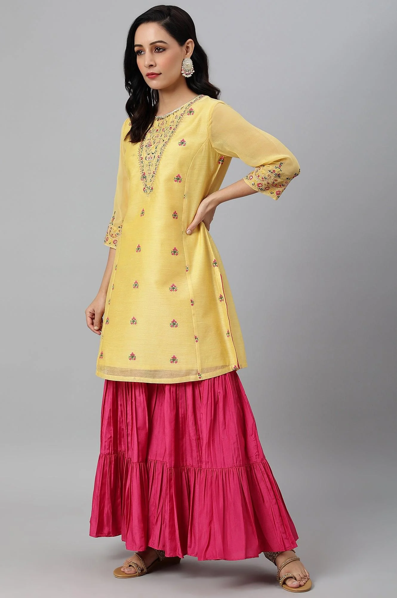 Yellow Chanderi kurta With Tiered Sharara And Dupatta - Image 5