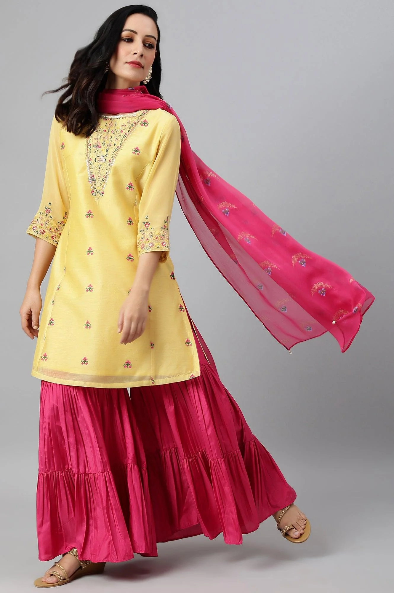 Yellow Chanderi kurta With Tiered Sharara And Dupatta - Image 7
