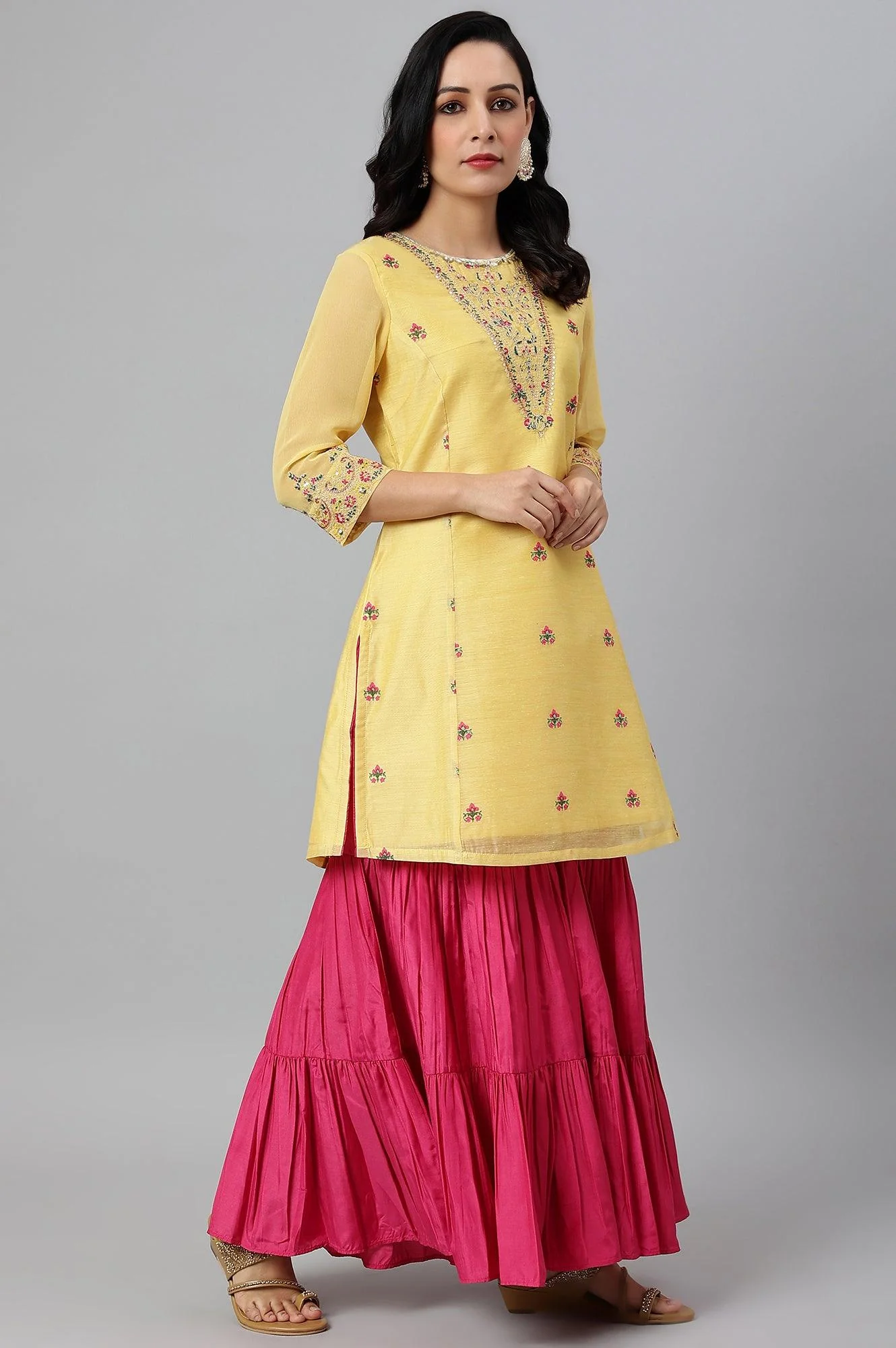 Yellow Chanderi kurta With Tiered Sharara And Dupatta - Image 8