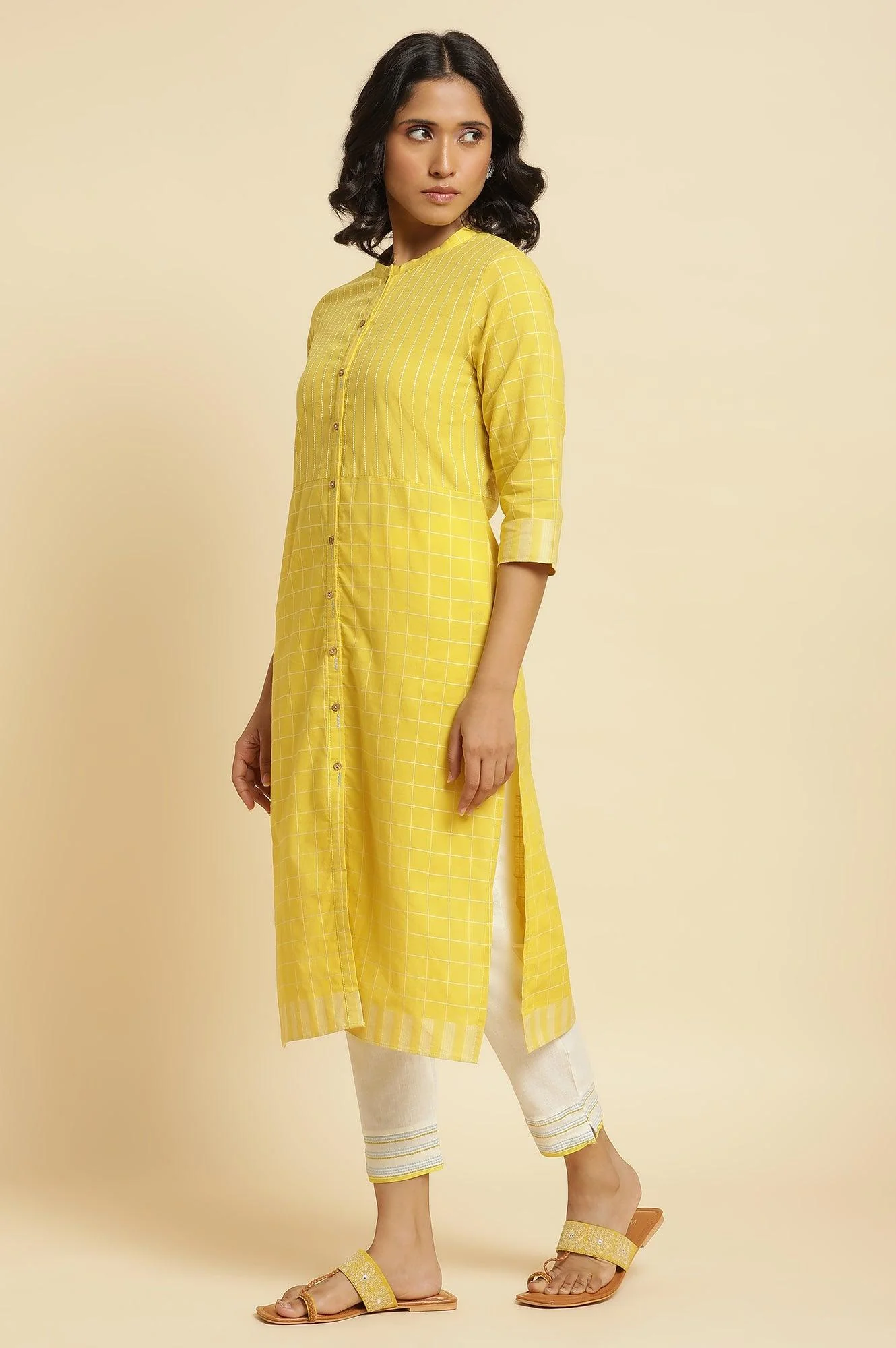 Yellow Cotton Dobby Kurta, Pants & Dupatta Set - Image 3