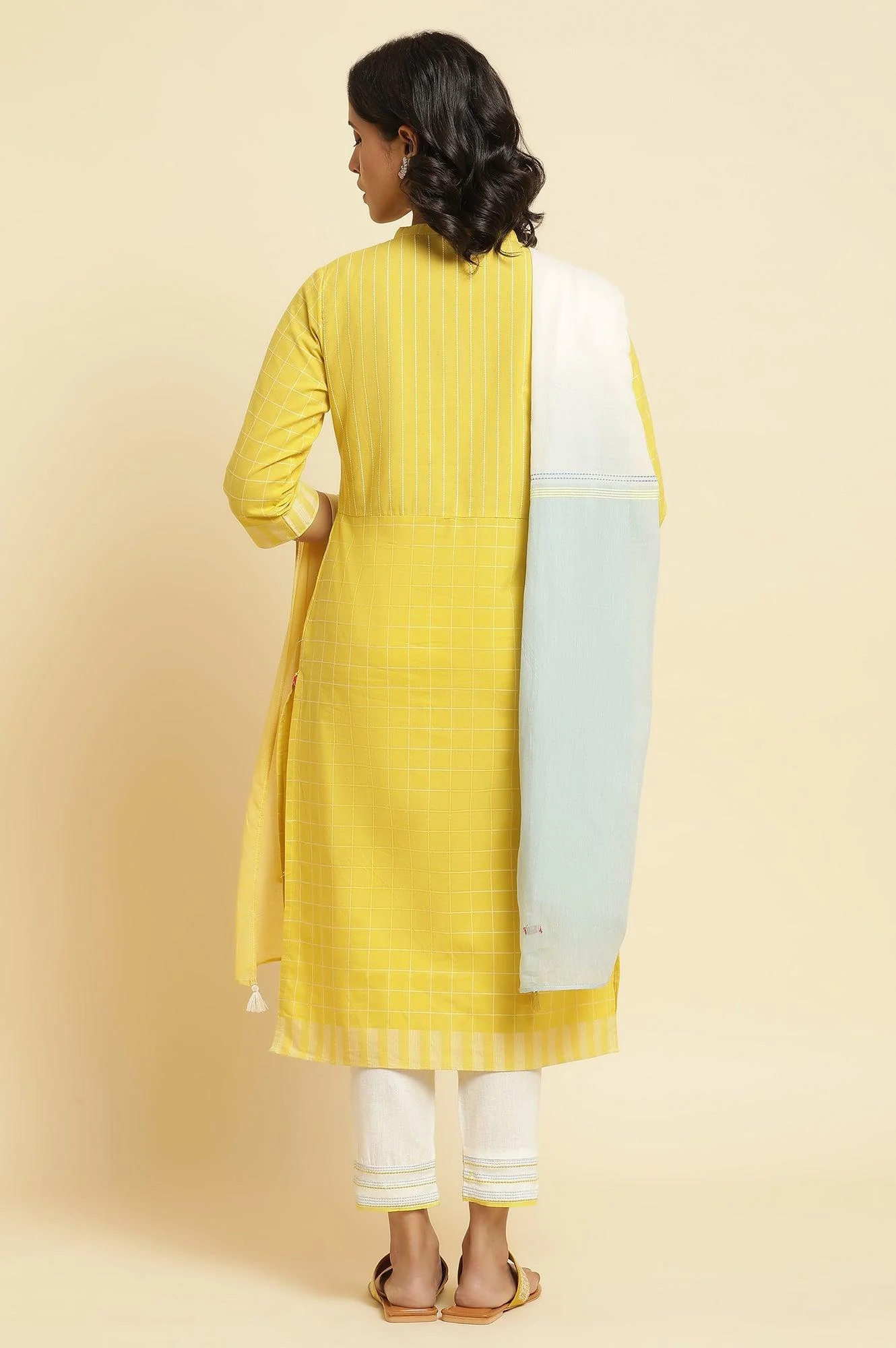 Yellow Cotton Dobby Kurta, Pants & Dupatta Set - Image 4