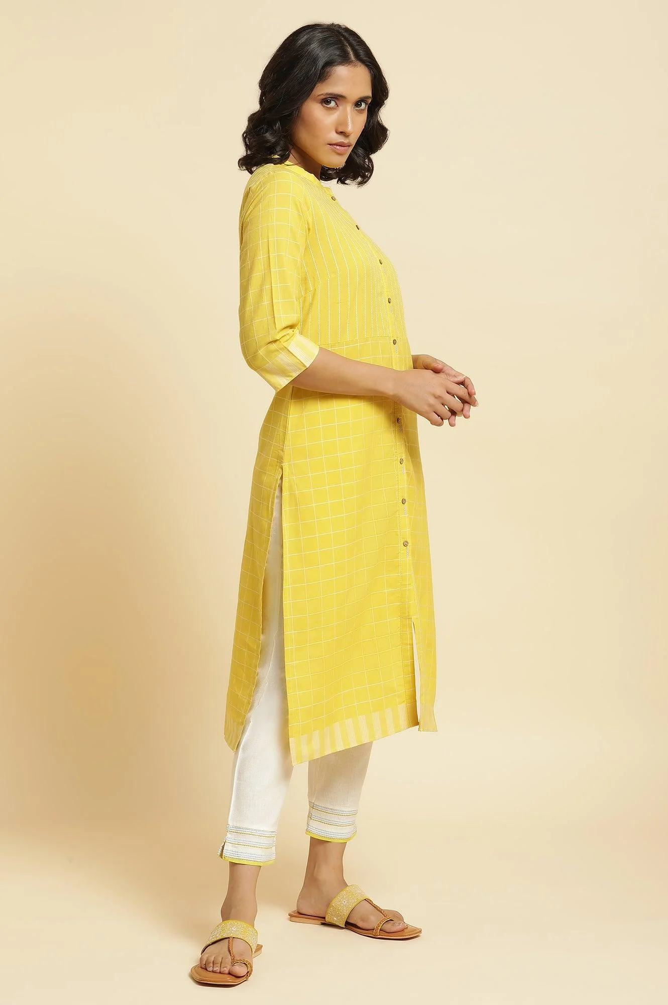 Yellow Cotton Dobby Kurta, Pants & Dupatta Set - Image 5