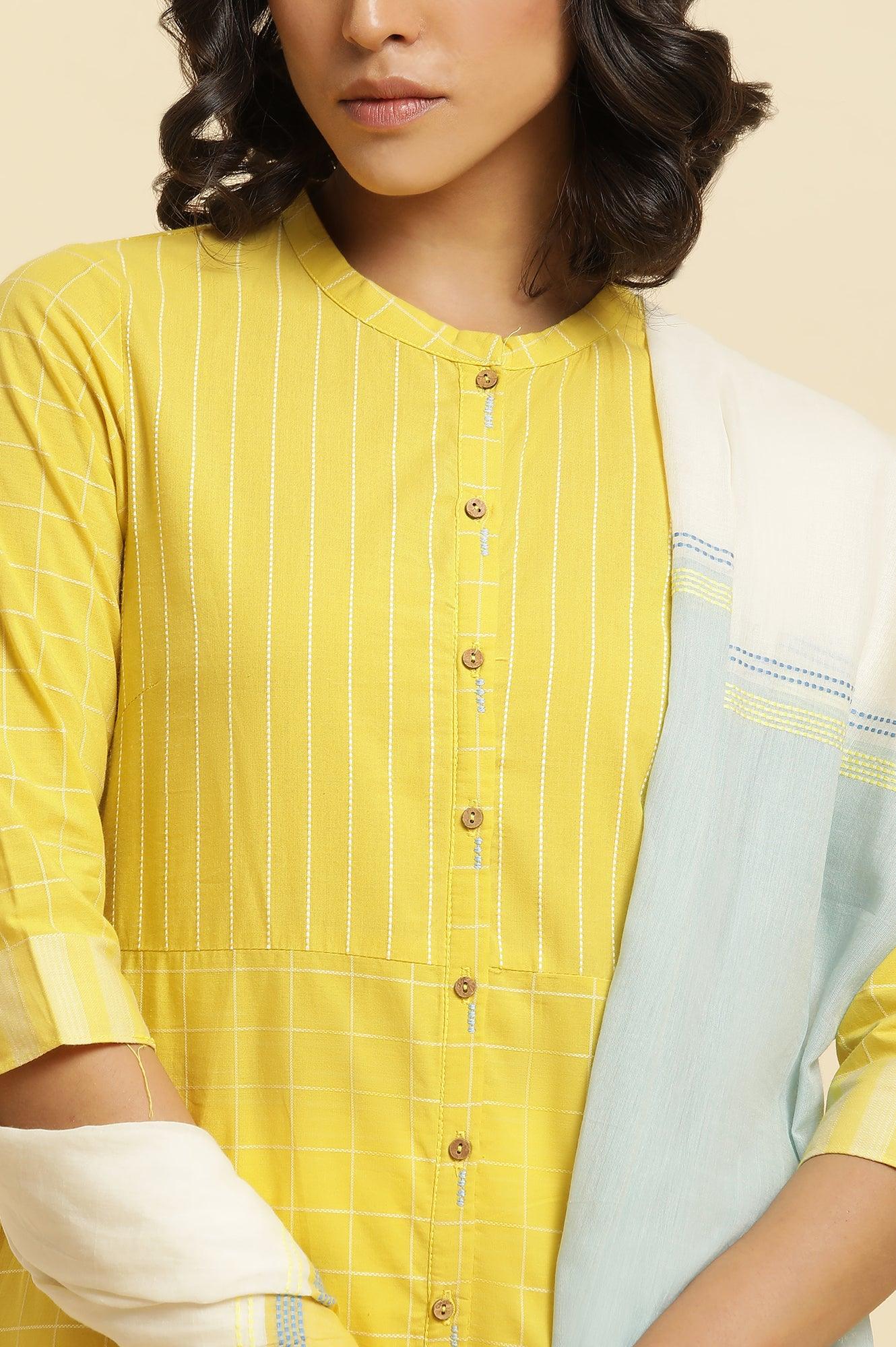 Yellow Cotton Dobby Kurta, Pants & Dupatta Set - Image 6