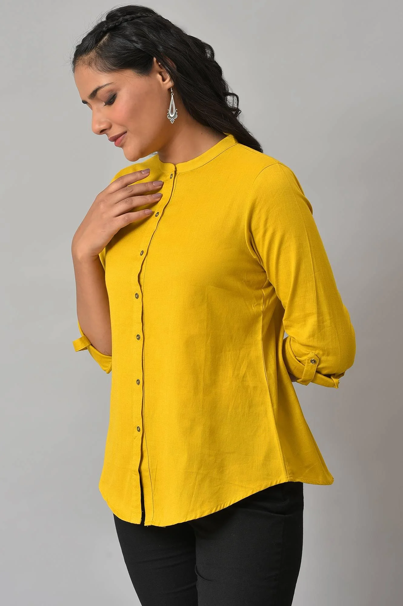 Yellow Cotton Flax Button Down Western Top - Image 3