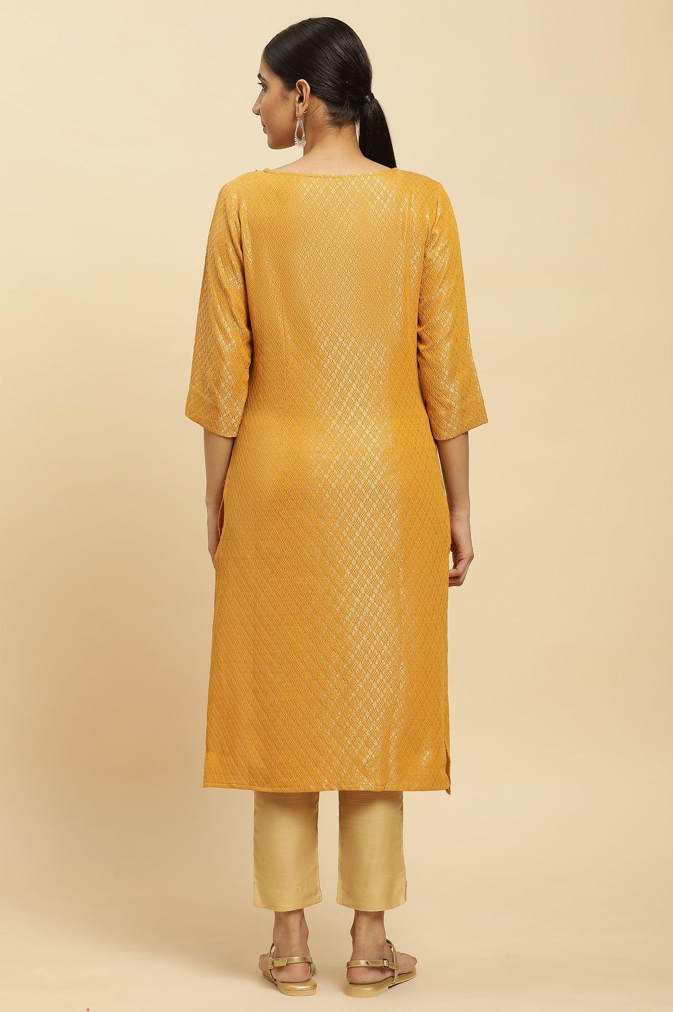 Yellow Dobby Embellished Kurta - Image 4