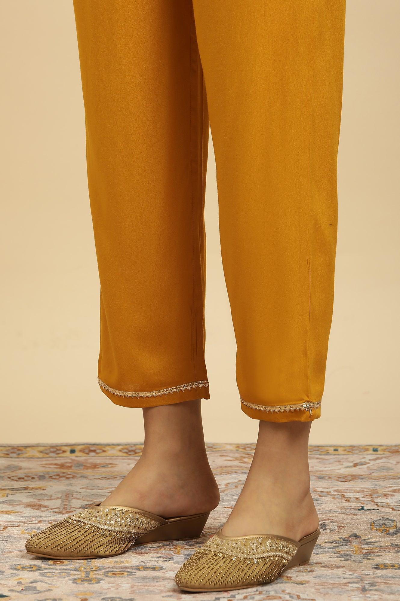 Yellow Embellished Shantung Kurta, Pants And Dupatta Set - Image 10