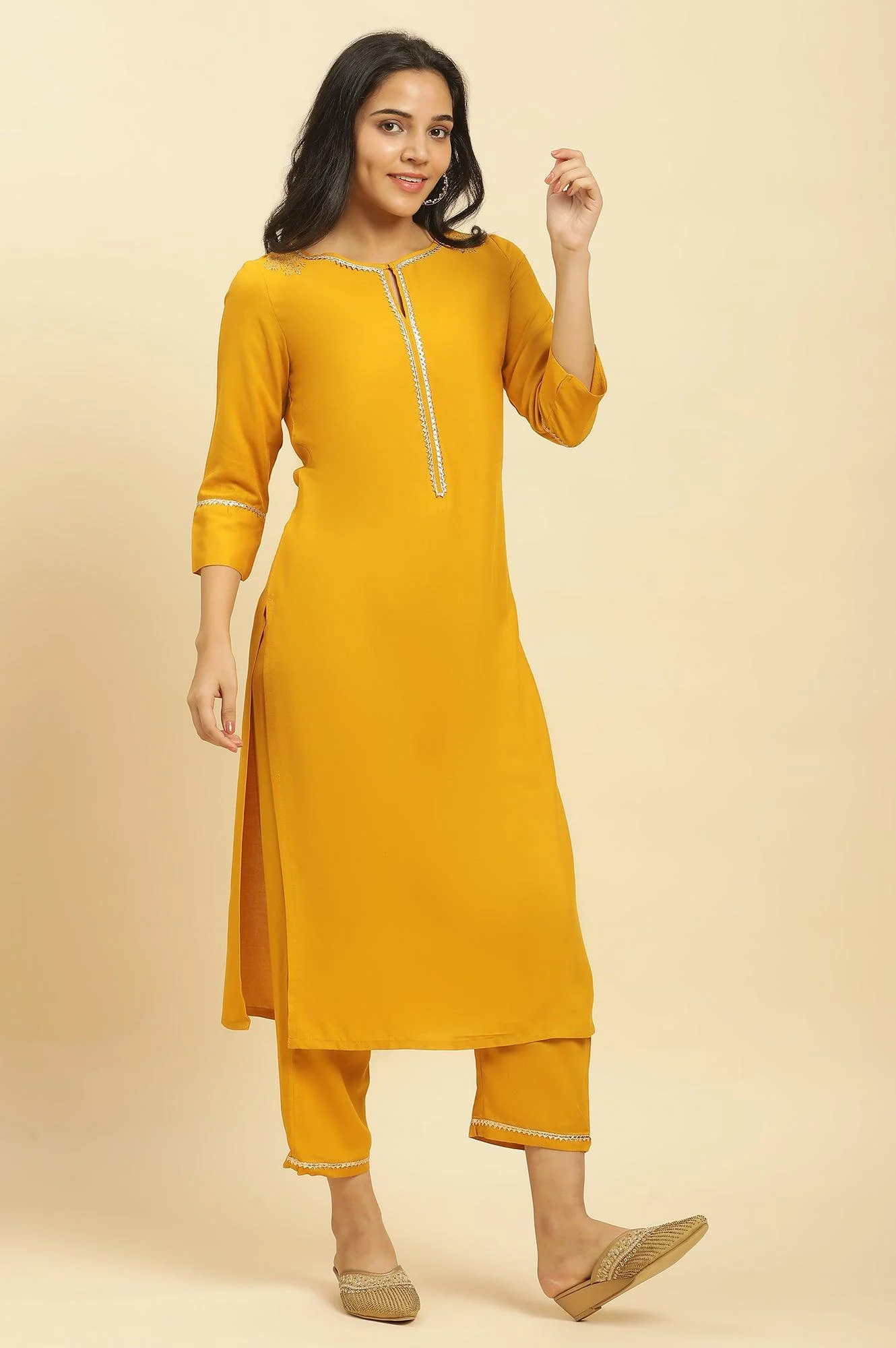 Yellow Embellished Shantung Kurta, Pants And Dupatta Set - Image 3