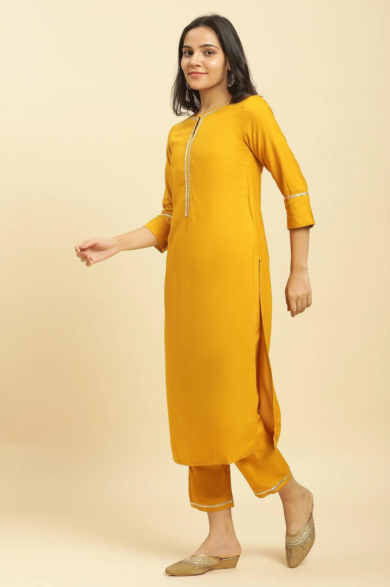 Yellow Embellished Shantung Kurta, Pants And Dupatta Set - Image 5