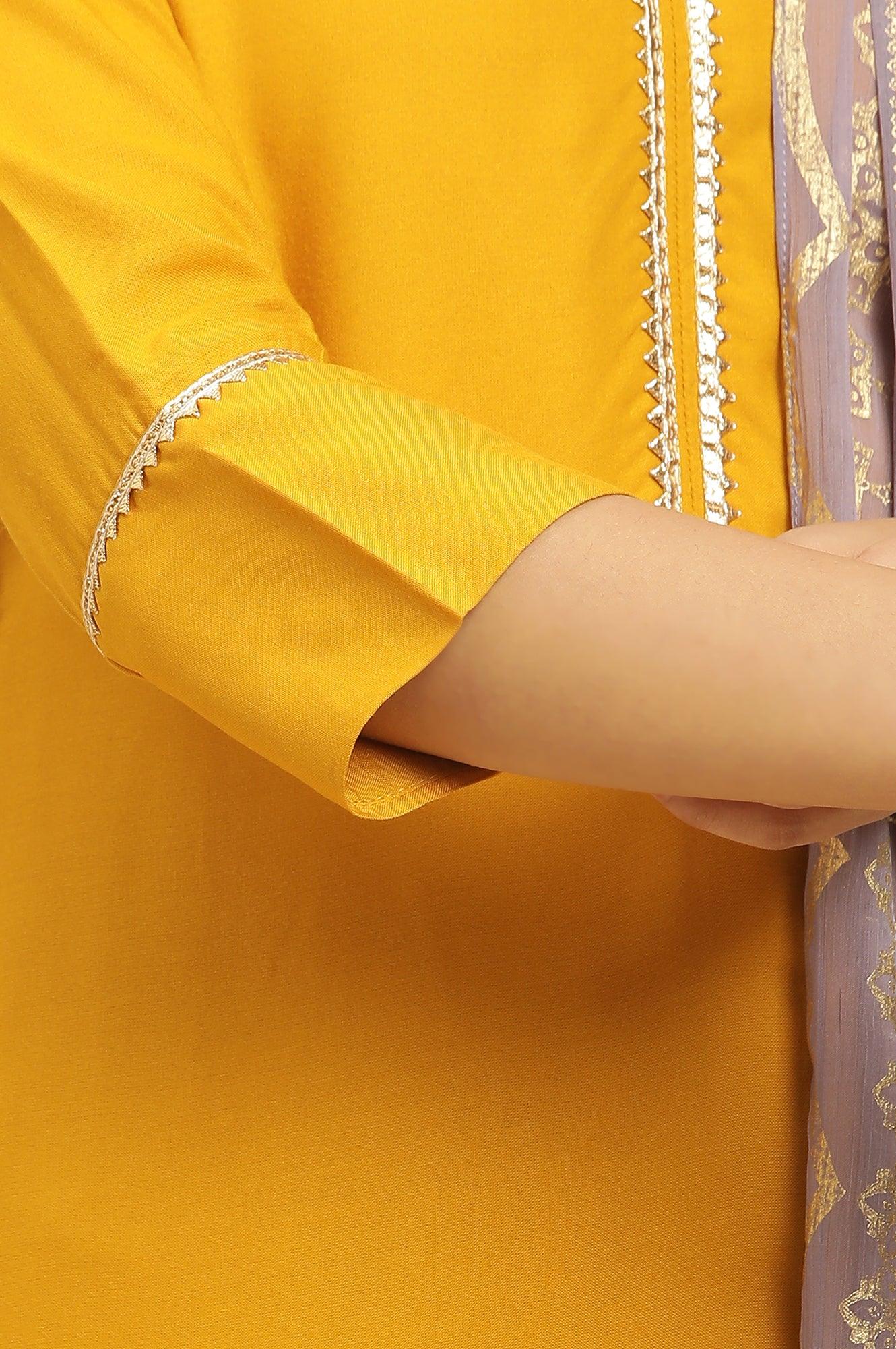 Yellow Embellished Shantung Kurta, Pants And Dupatta Set - Image 8