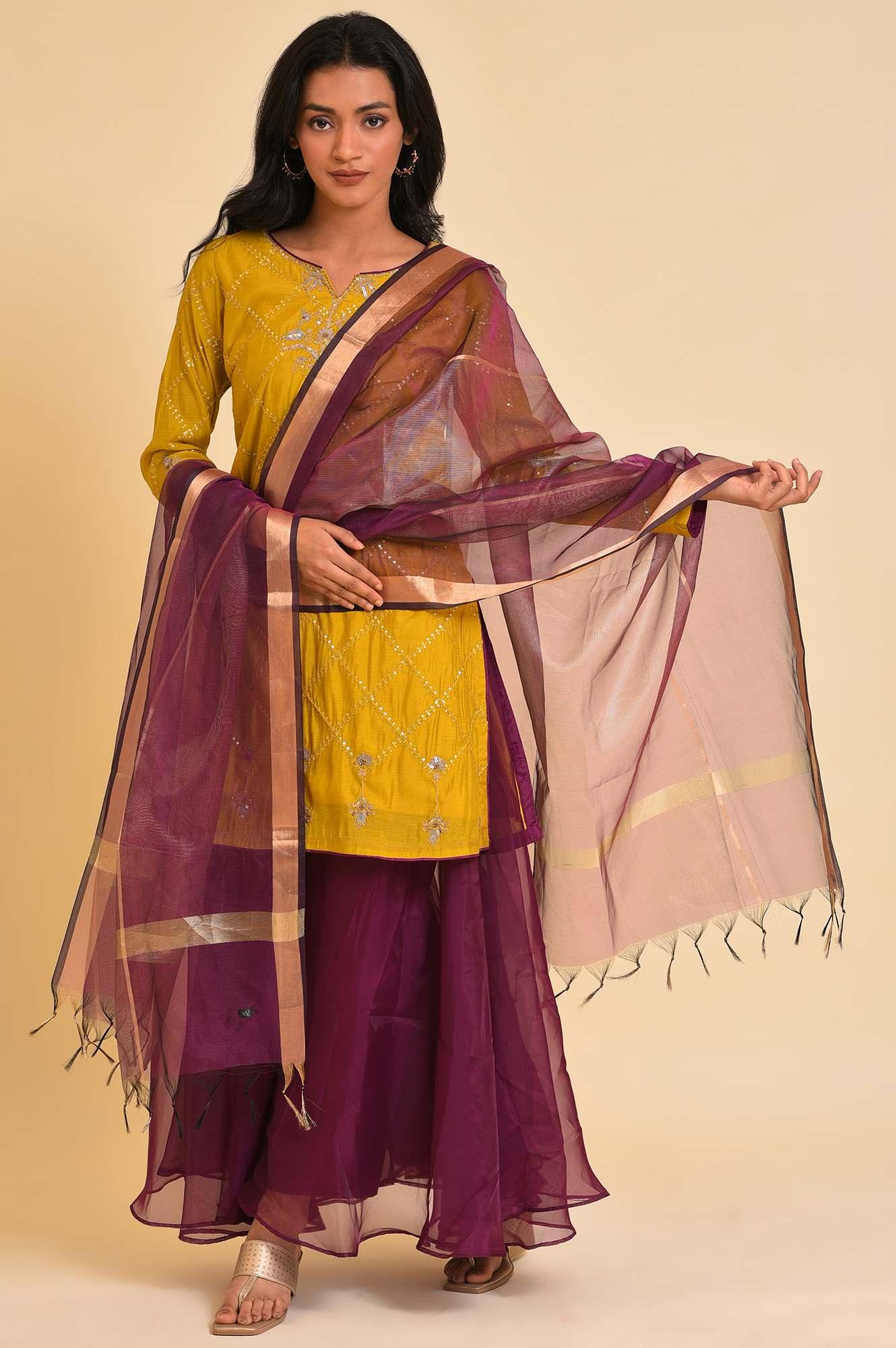 Yellow Embellished Short kurta, Culottes And Dupatta Set - Image 10