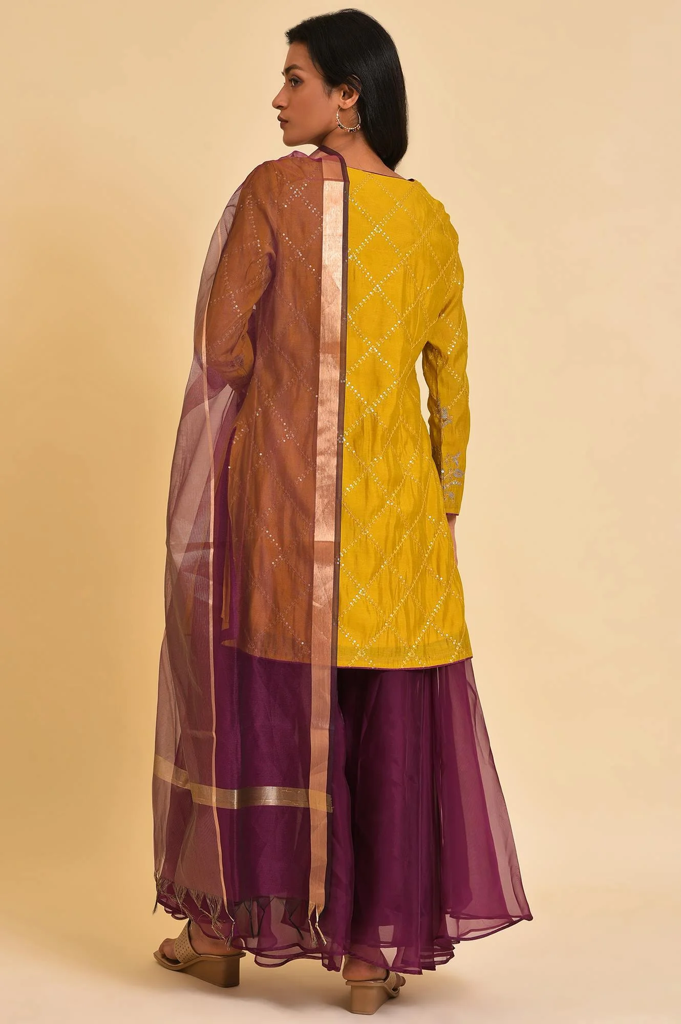 Yellow Embellished Short kurta, Culottes And Dupatta Set - Image 3