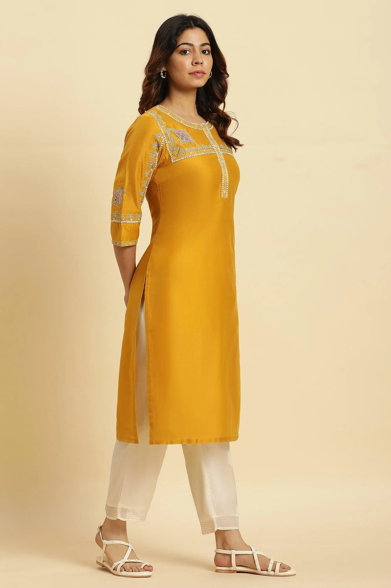 Yellow Embroidered Festive Straight Kurta - Image 6