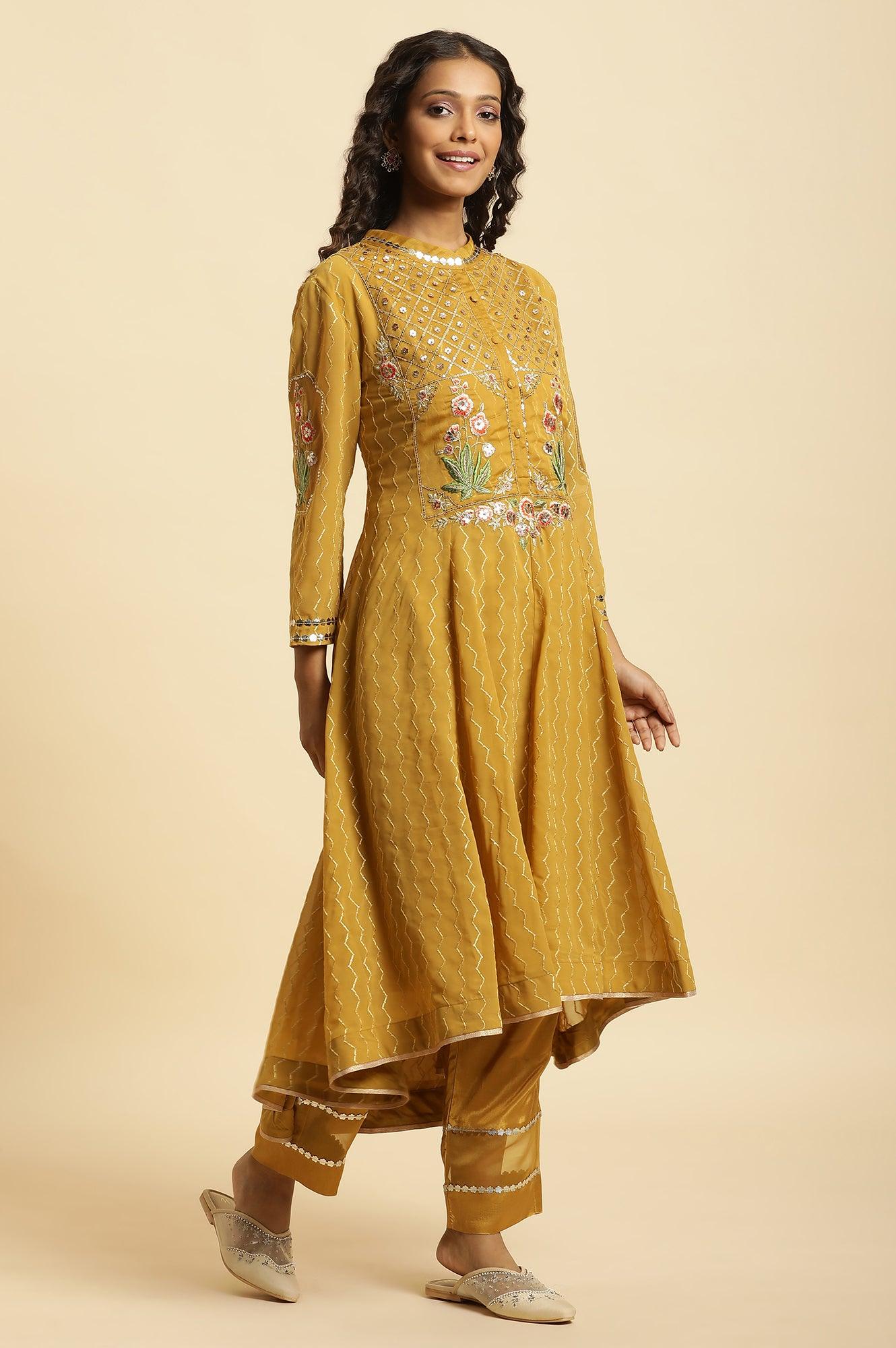Yellow Embroidered Kurta, Pants And Dupatta Set - Image 3