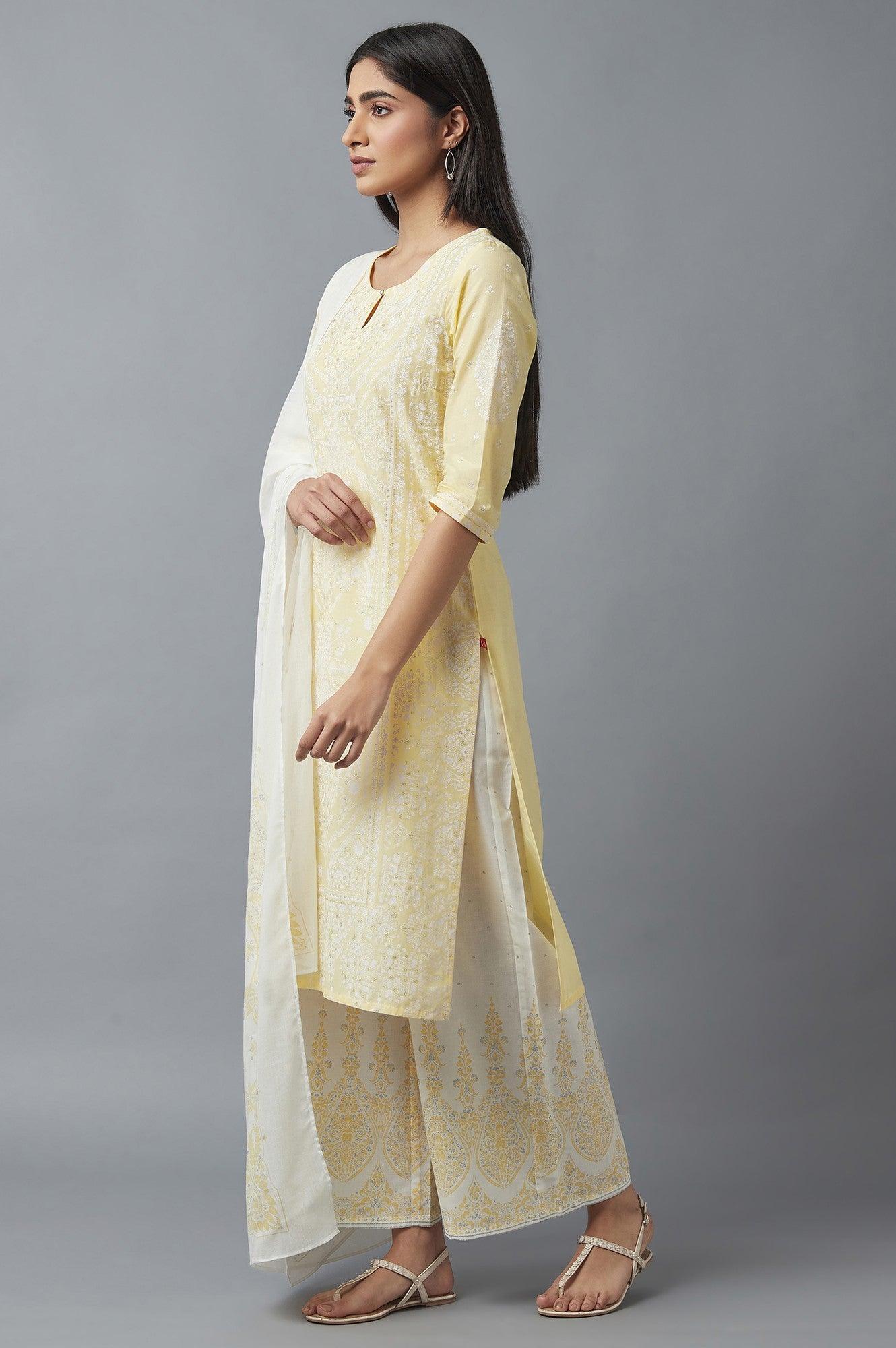 Yellow Embroidered kurta with Parallel Pants and Dupatta - Image 3