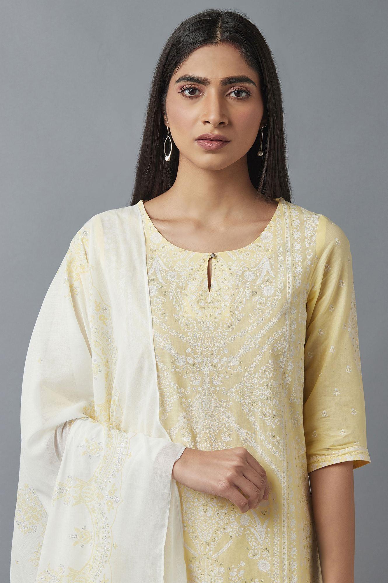 Yellow Embroidered kurta with Parallel Pants and Dupatta - Image 5