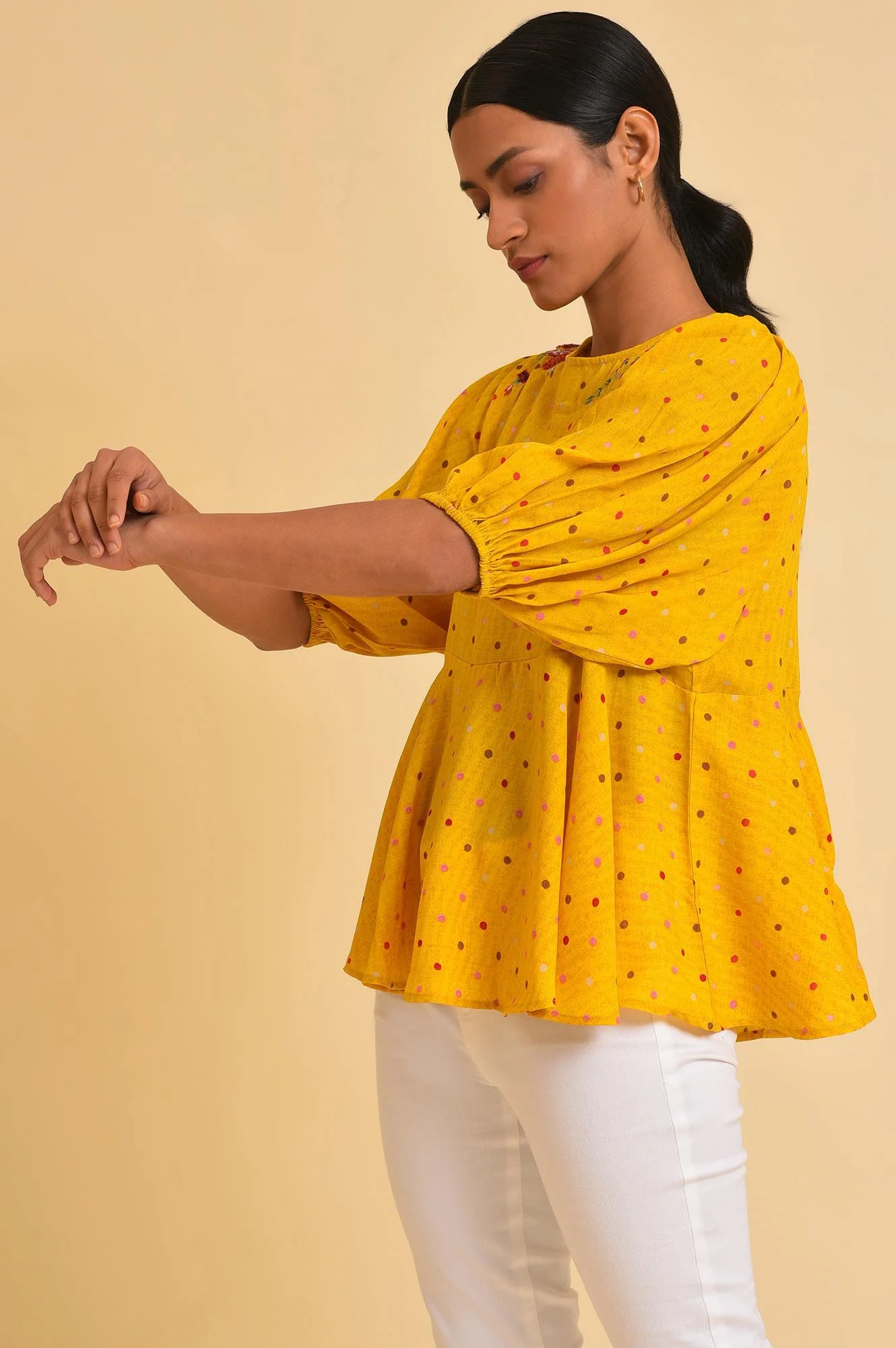Yellow Embroidered Peplum Top - Image 3