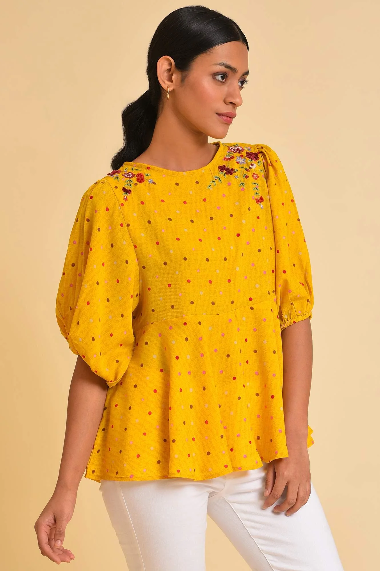 Yellow Embroidered Peplum Top - Image 4
