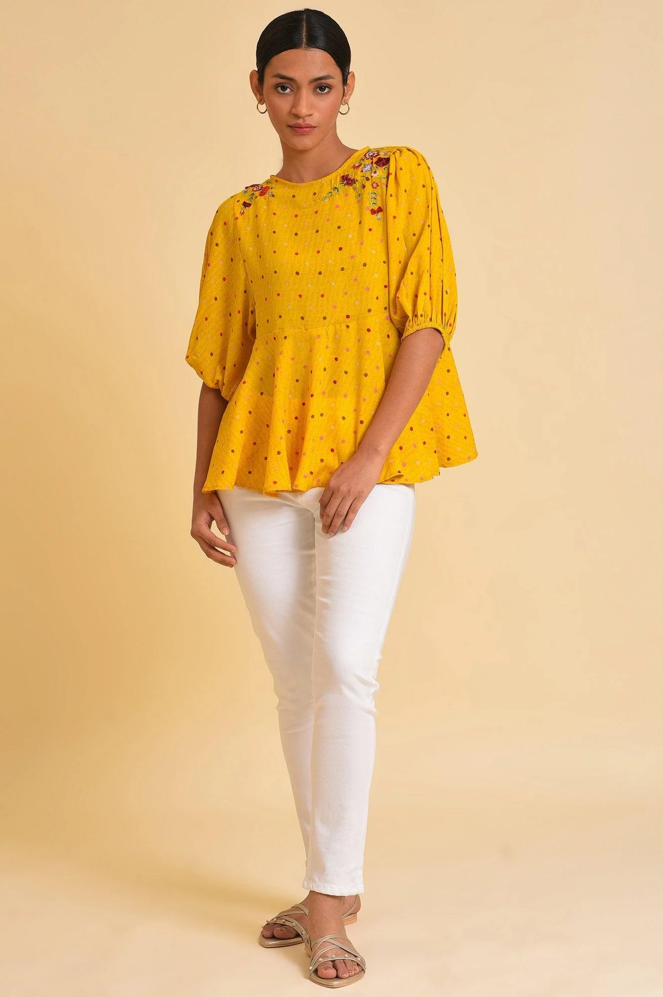 Yellow Embroidered Peplum Top - Image 6