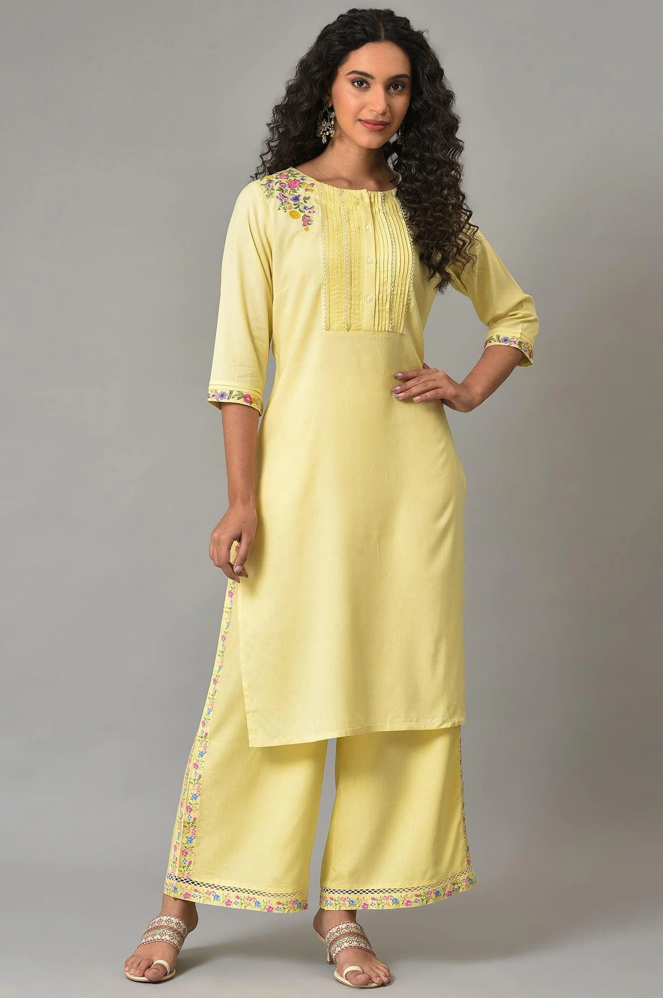 Yellow Embroidered Summer kurta With Pleats On Yoke - Image 6