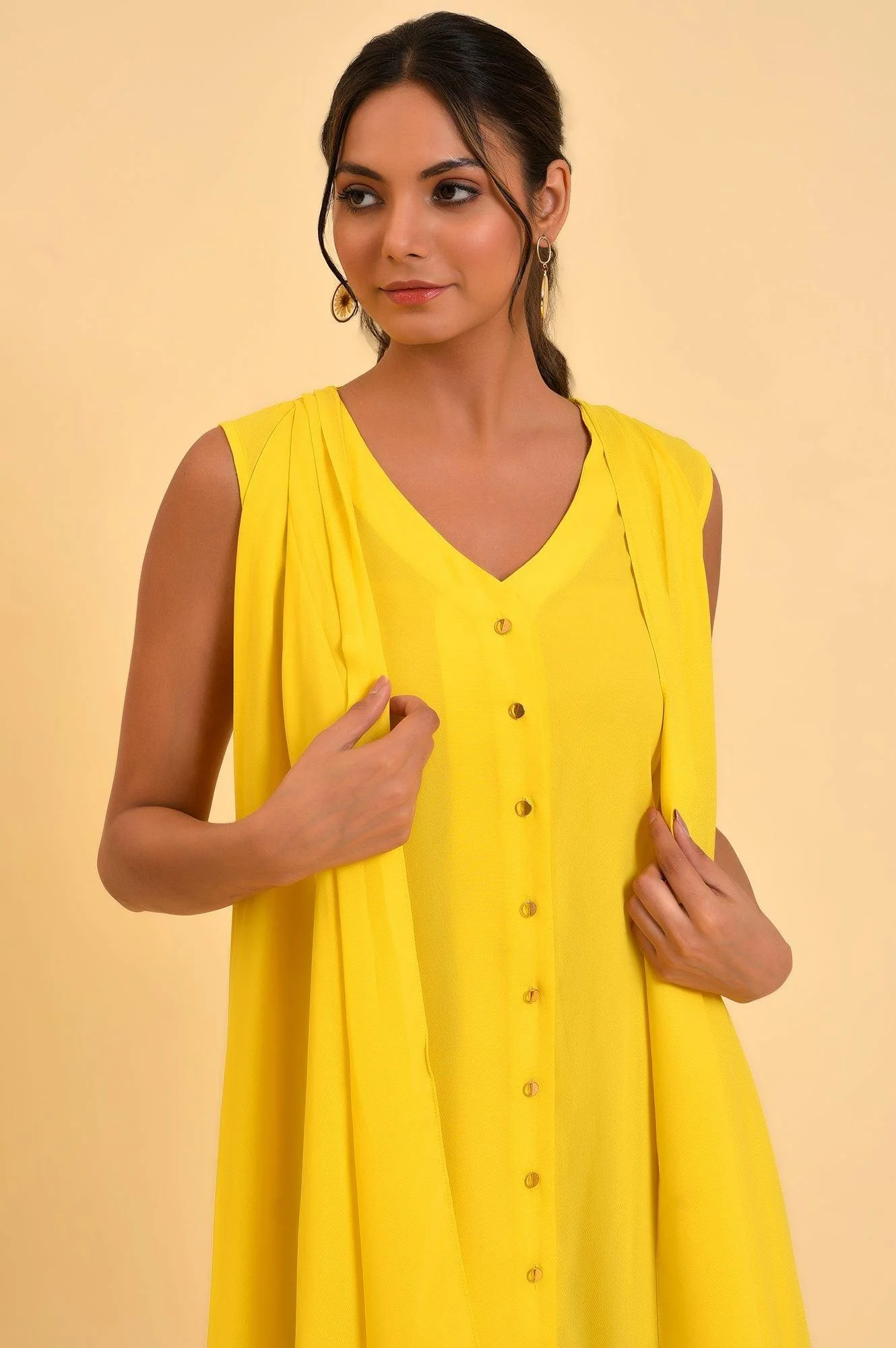 Yellow Sleeveless Draped Polyester Dress - Image 5