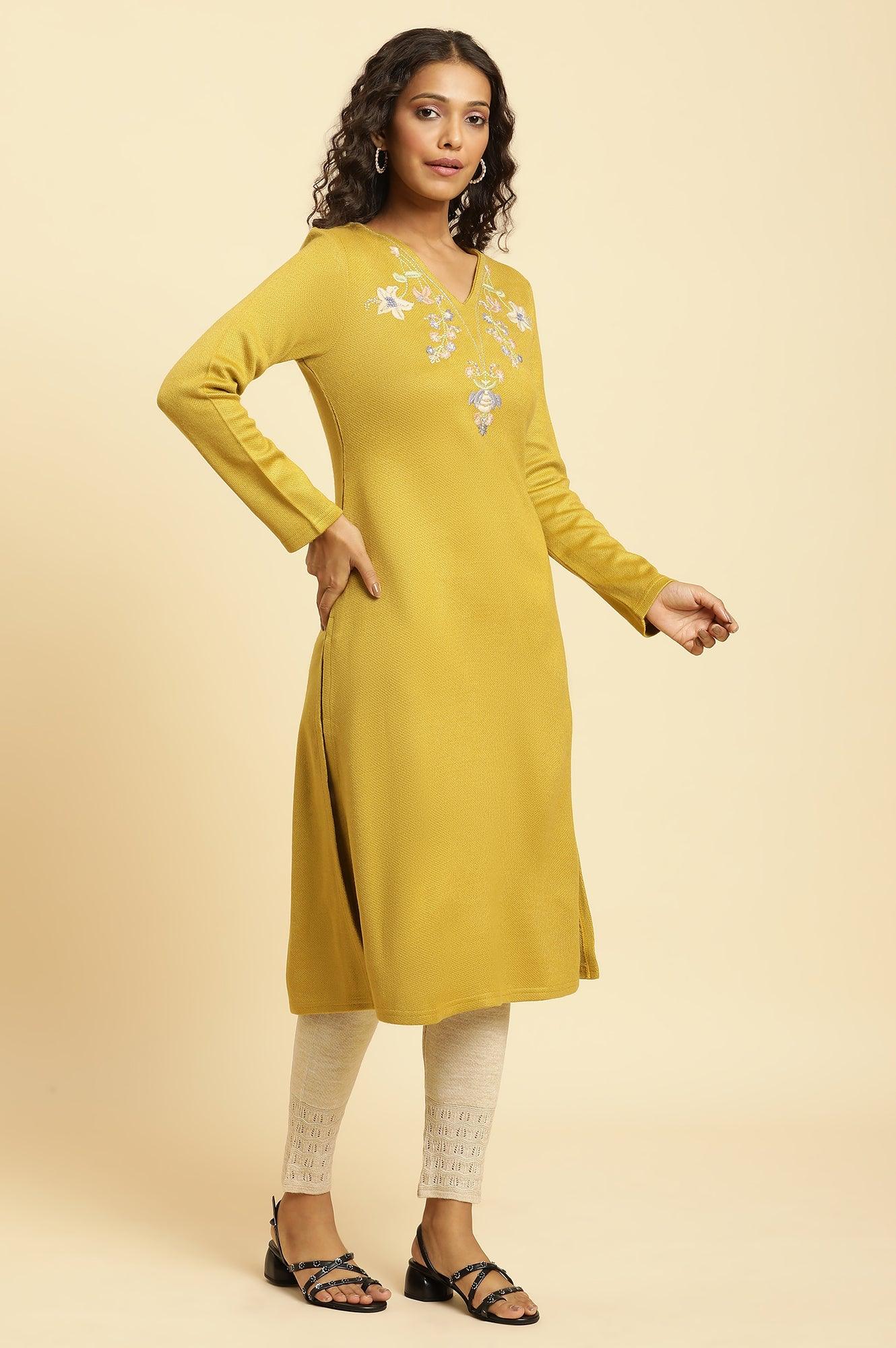 Yellow Floral Embroidered Straight Winter Kurta And Tights Set - Image 5