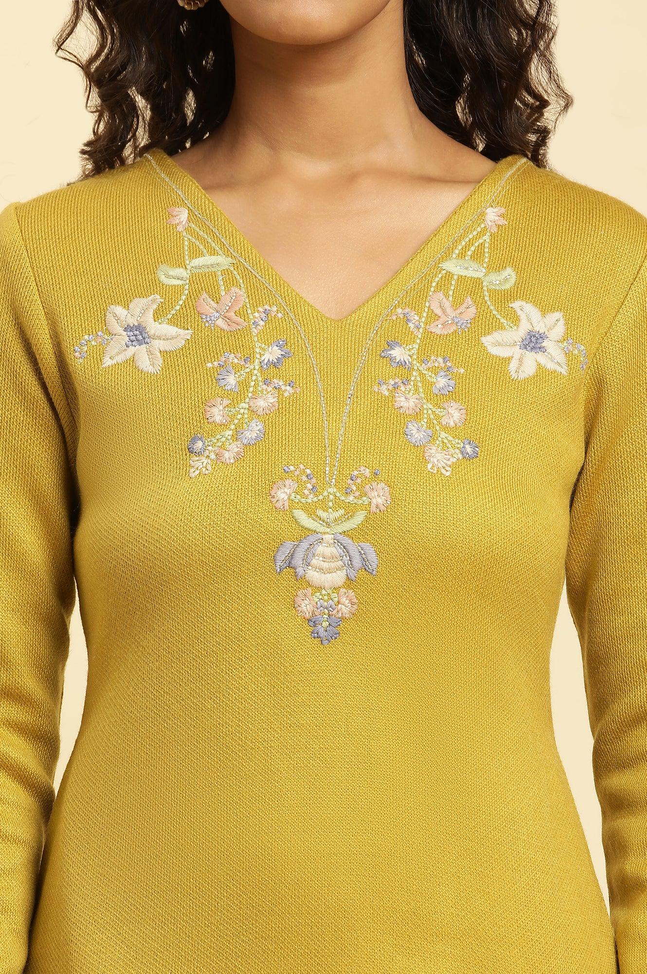 Yellow Floral Embroidered Straight Winter Kurta And Tights Set - Image 6