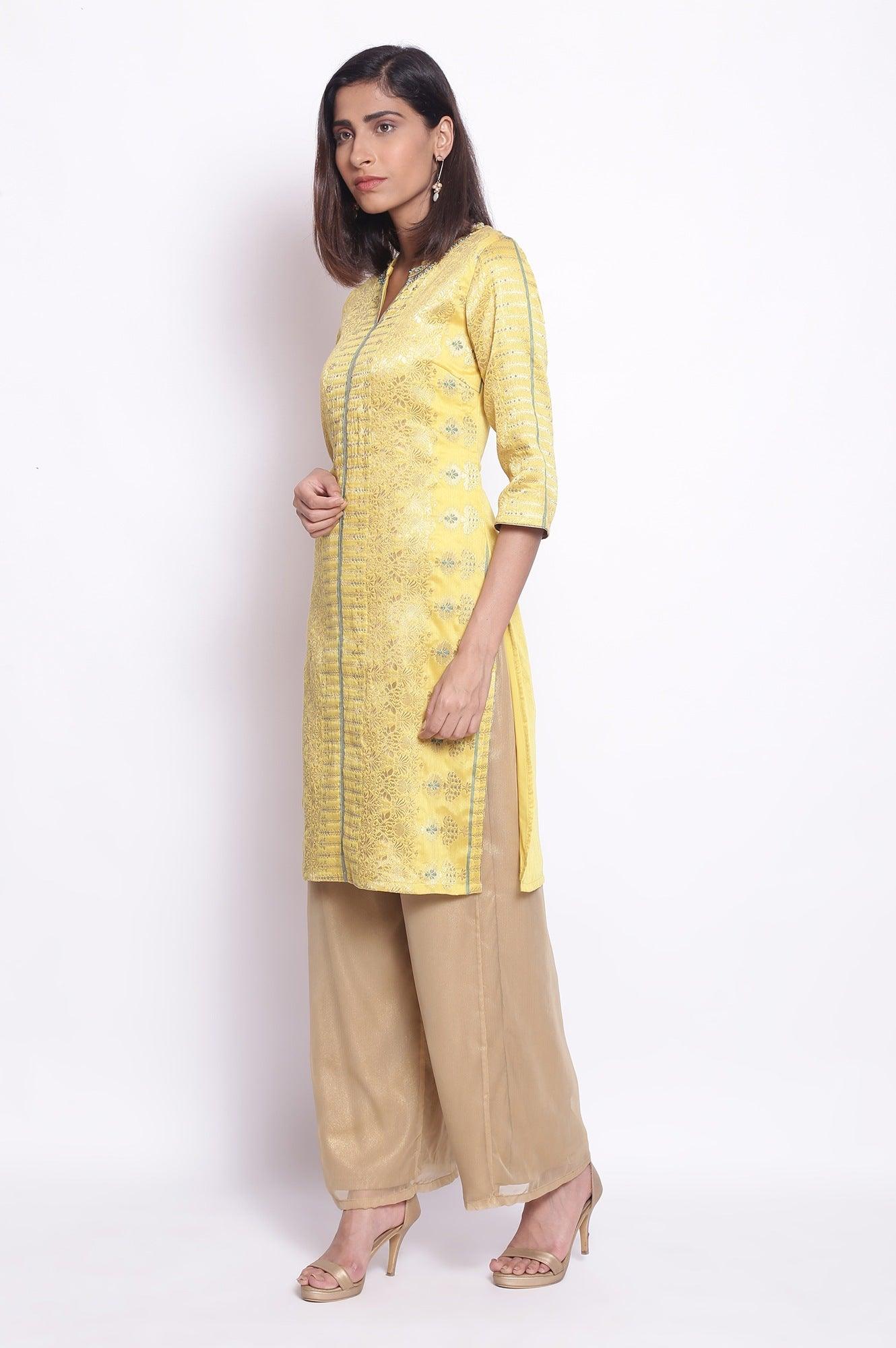 Yellow Floral Jacquard kurta - Image 3