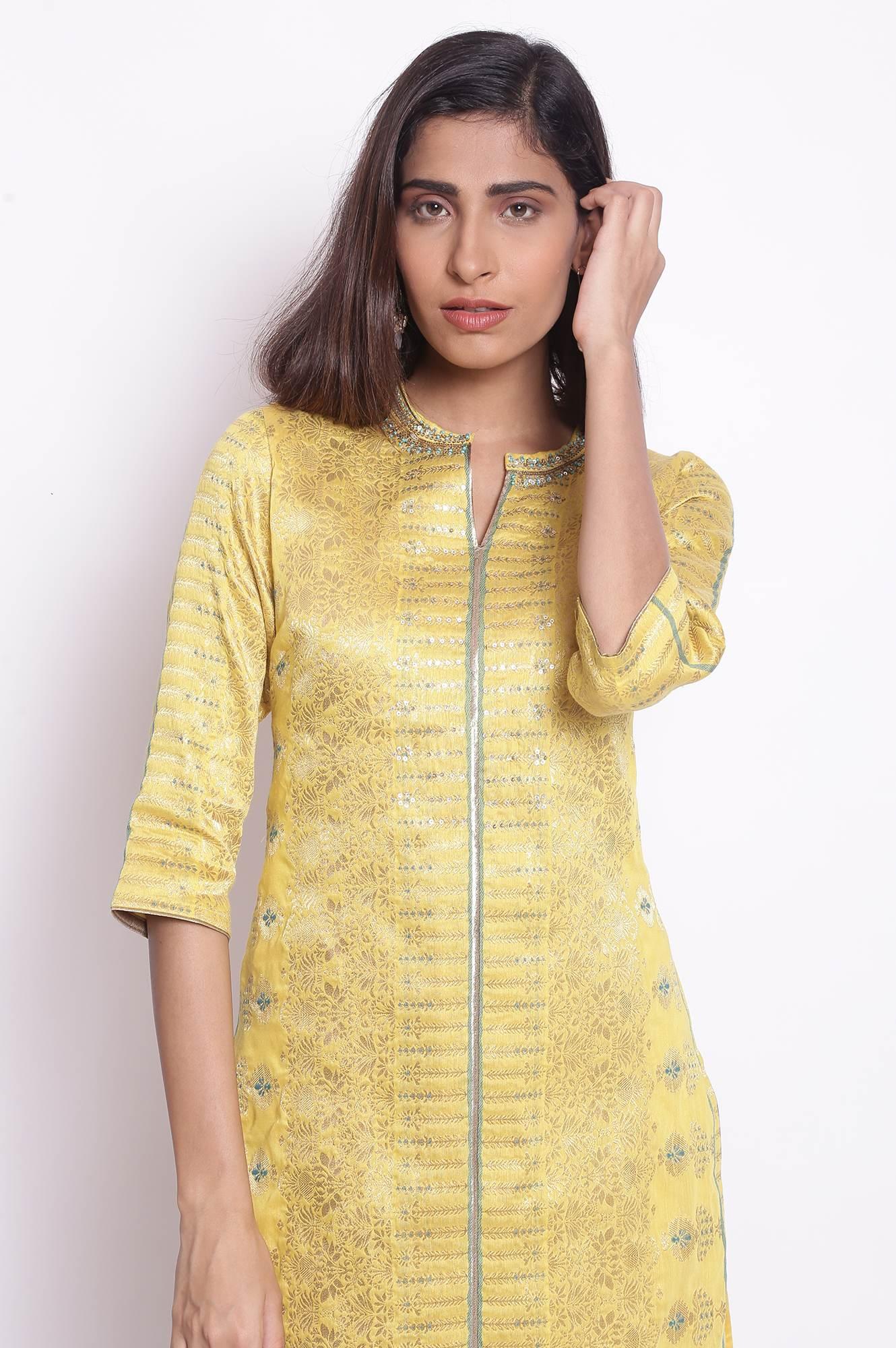 Yellow Floral Jacquard kurta - Image 6