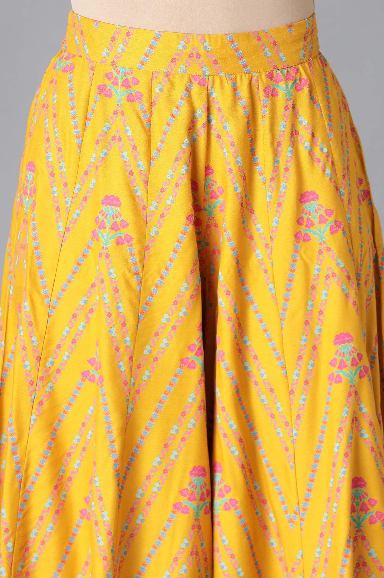 Yellow Floral kurta In Boat Neck With Culottes And Dupatta - Image 6